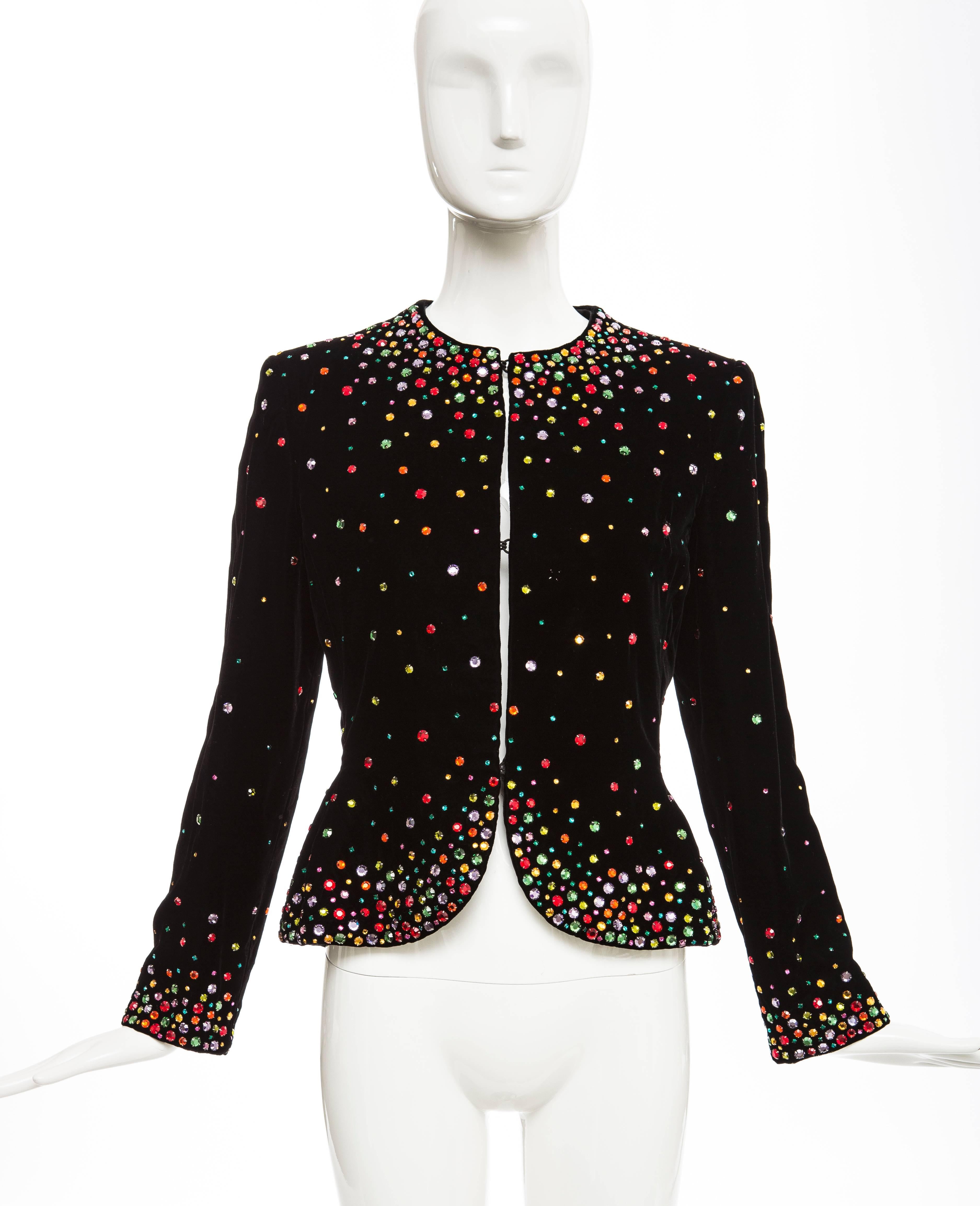 Bill Blass, Autumn-Winter 1979, black silk velvet jacket encrusted with prong set crystals, jewel neckline, hook-and-eye front closure and fully lined in silk.

US. 8

Bust 36, Waist 30, Hips 36, Length 22