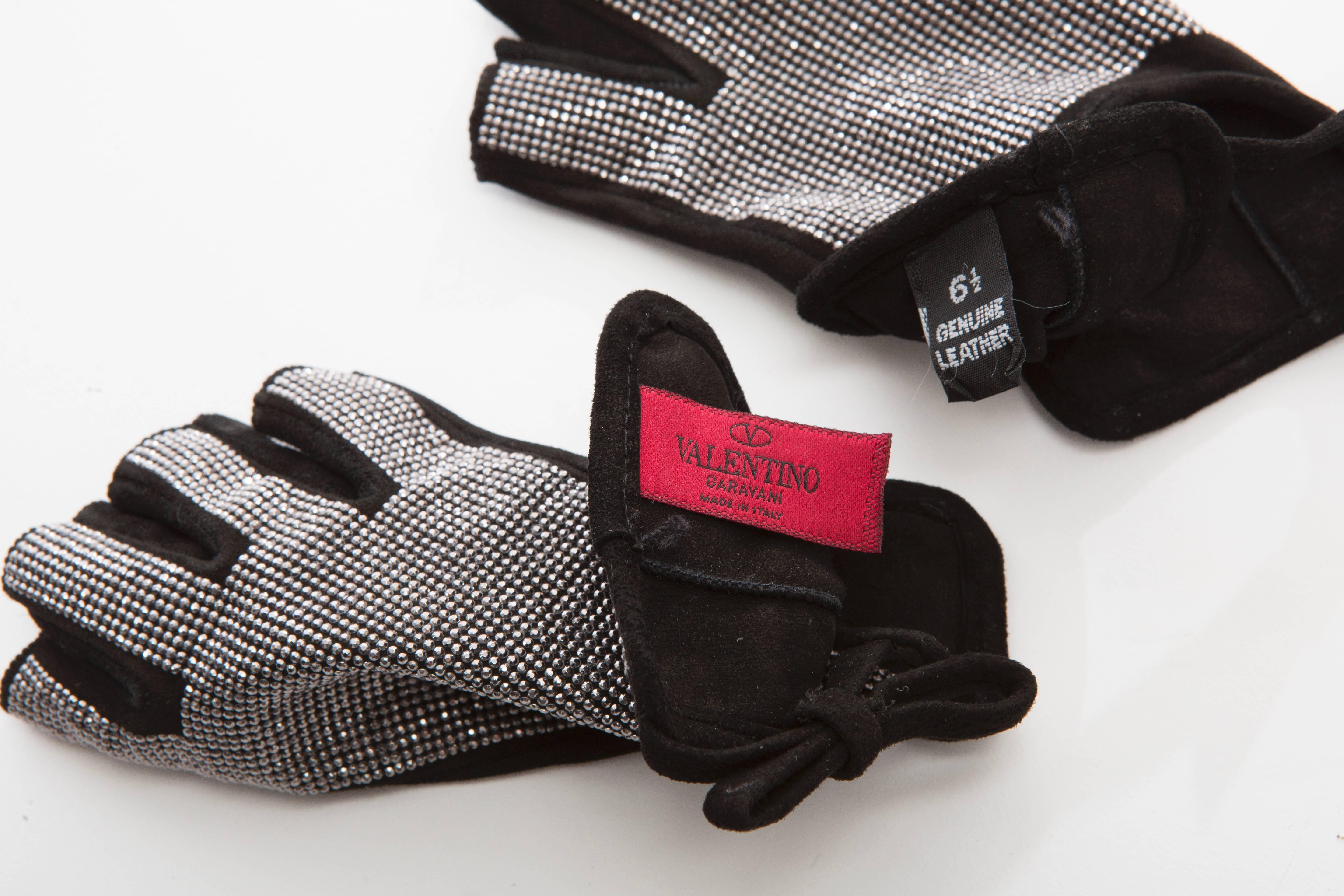 Women's Valentino Black Suede Fingerless Gloves With Silver Metallic Studs
