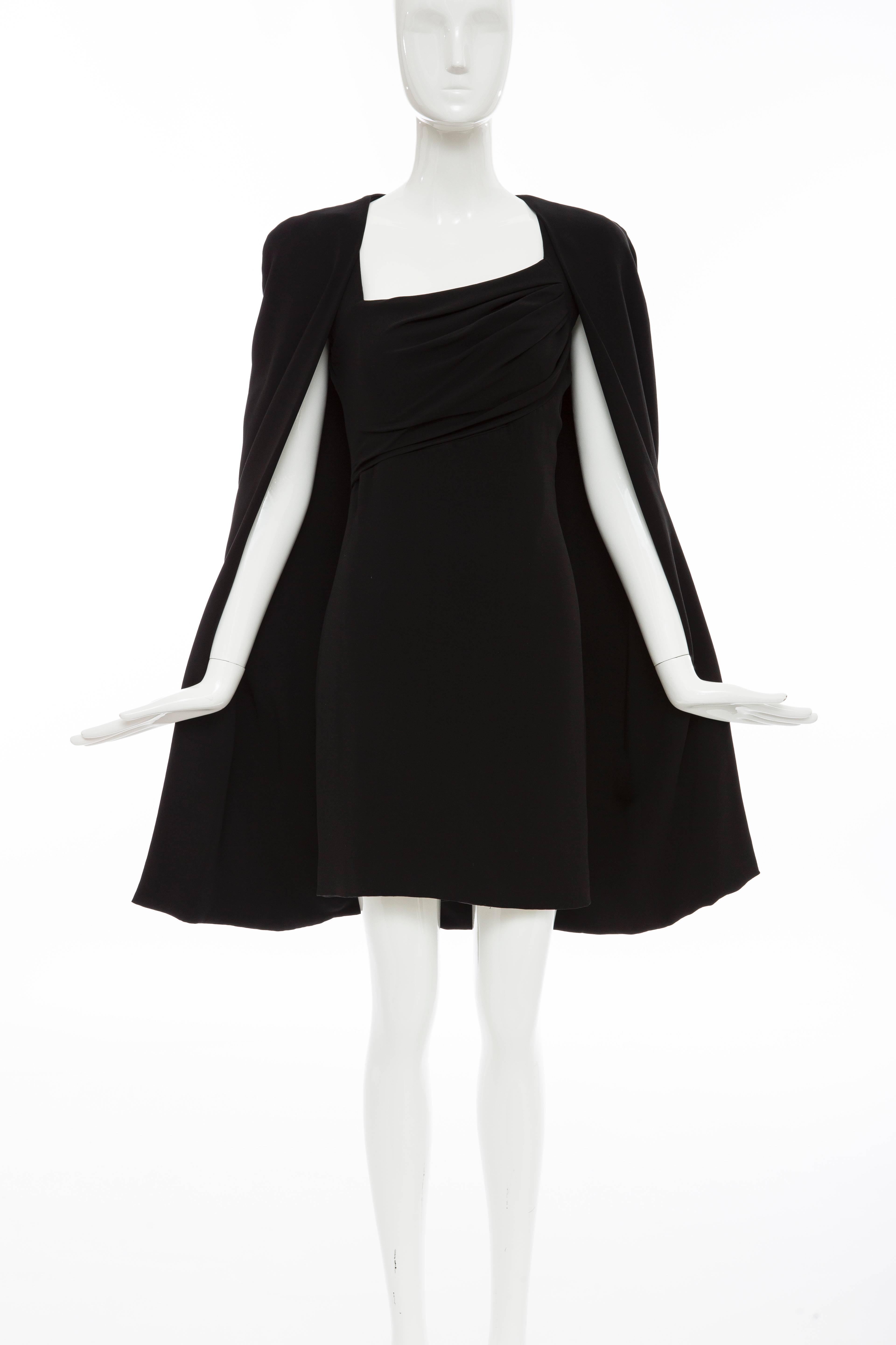 Tom Ford, Autumn-Winter 2012, silk evening dress ensemble. Cape features tonal stitching throughout and open front. Dress features cap sleeves,  asymmetrical pleating at bust, concealed zip closure at back and fully lined.

Fabric: 97% Silk, 35