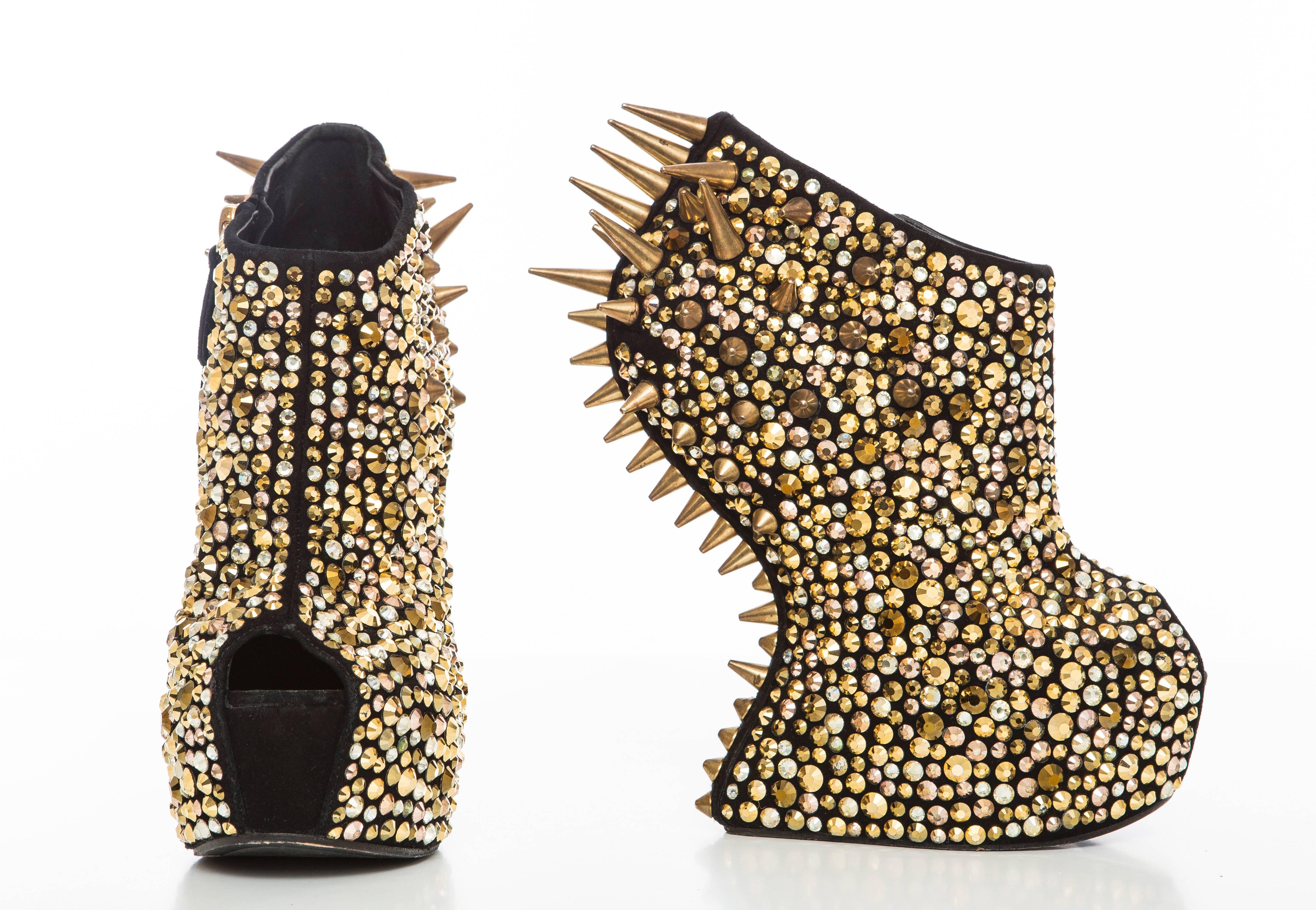 Beige Guiseppe Zanotti Black Suede And Gold Stud & Spike Embellished Wedges, Fall 2012