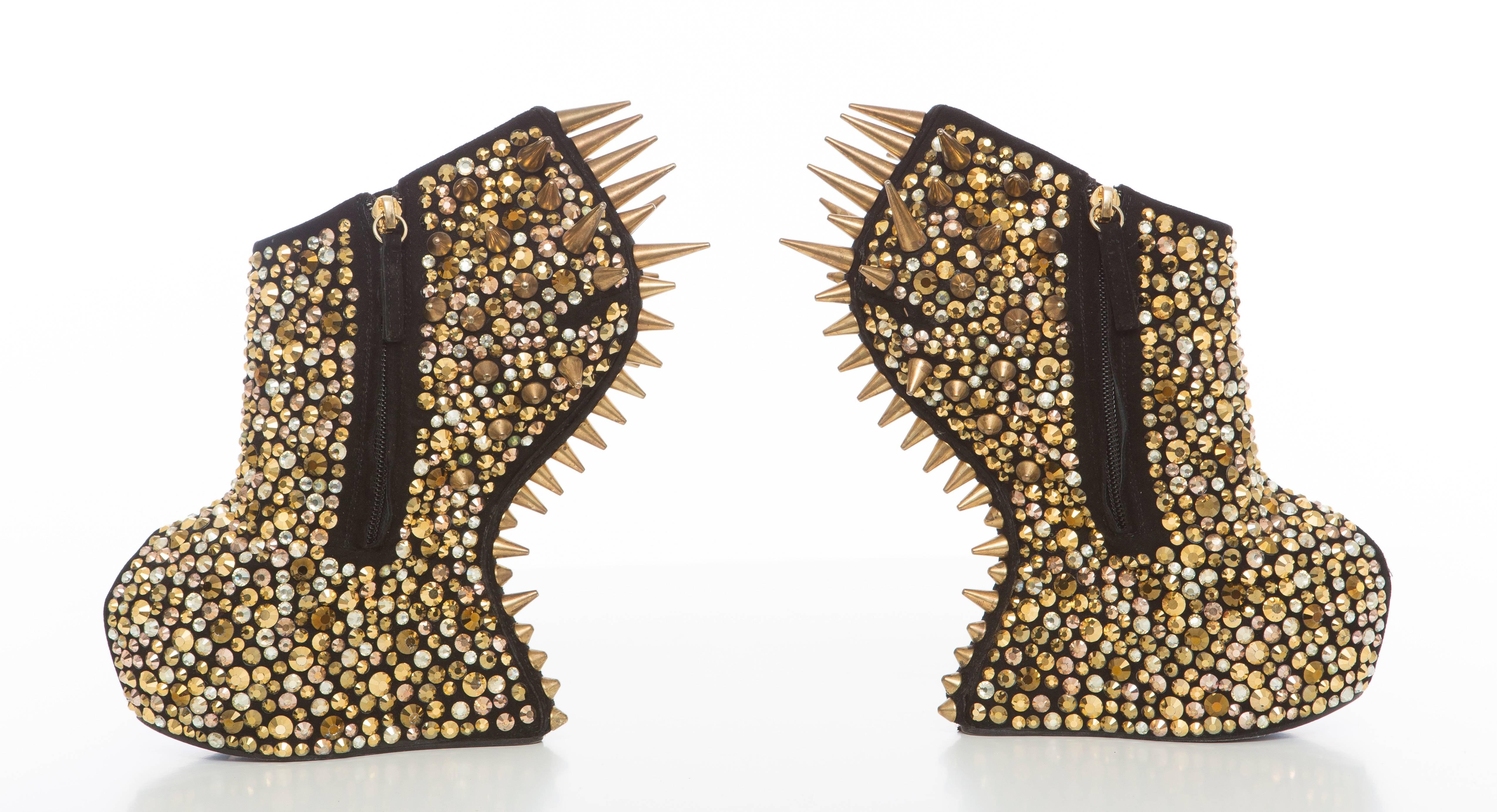 Guiseppe Zanotti Black Suede And Gold Stud & Spike Embellished Wedges, Fall 2012 In Excellent Condition In Cincinnati, OH