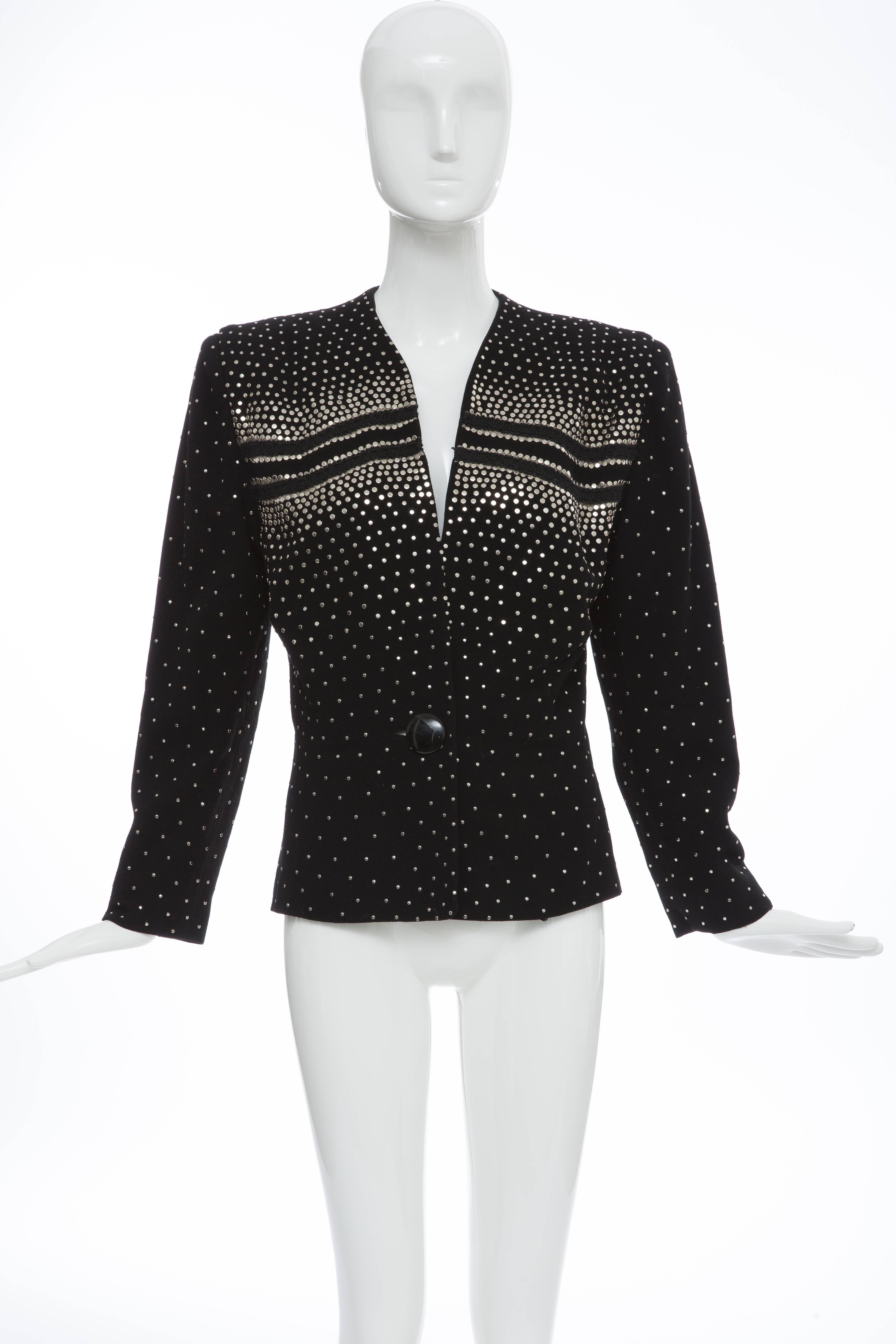 Fred A. Block, circa 1940's, button front, fully lined, silver metal studded black wool crepe jacket.

Bust 40, Waist 32, Length 25