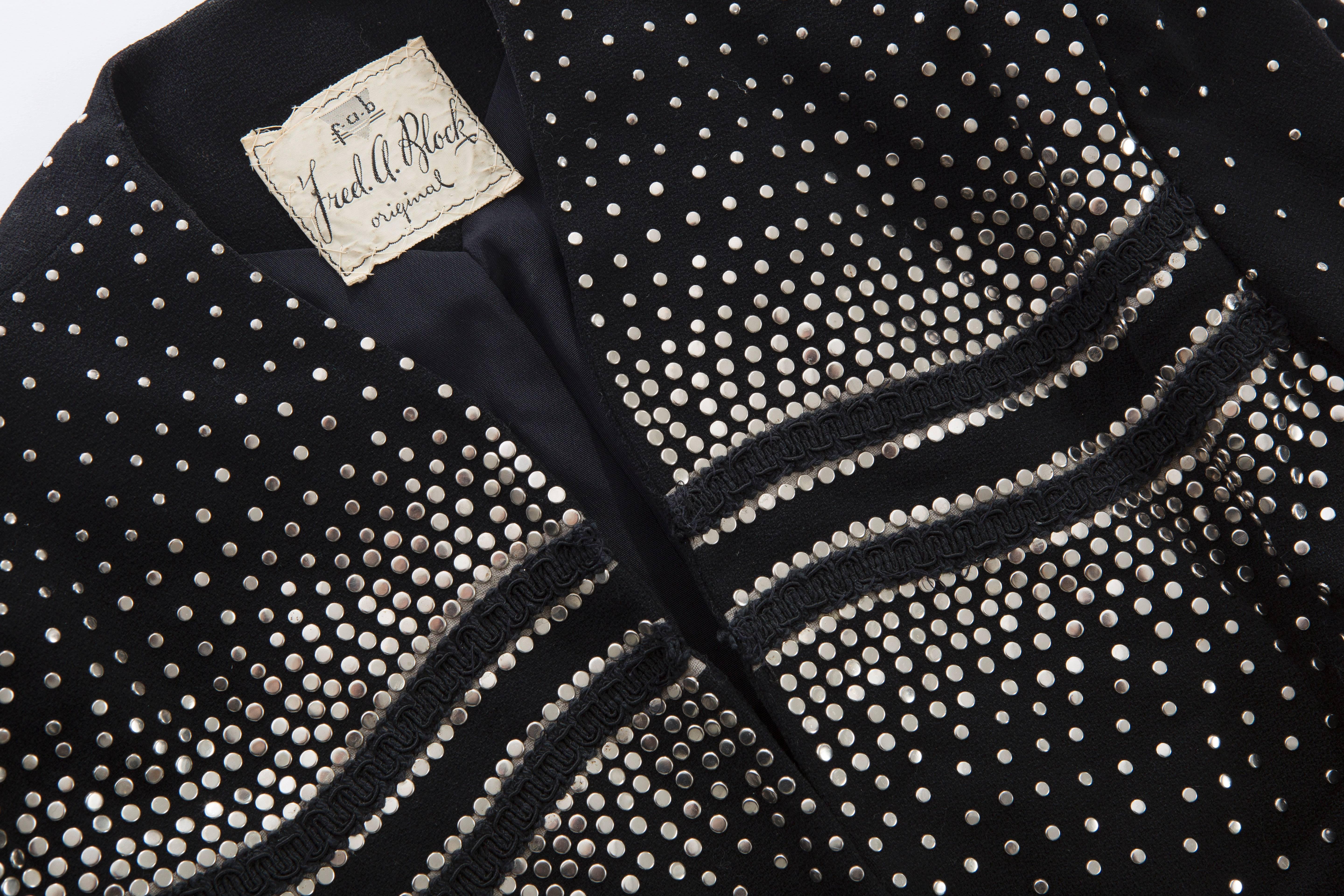 Fred A. Block Black Wool Crepe Metal Studded Jacket, Circa 1940s 3