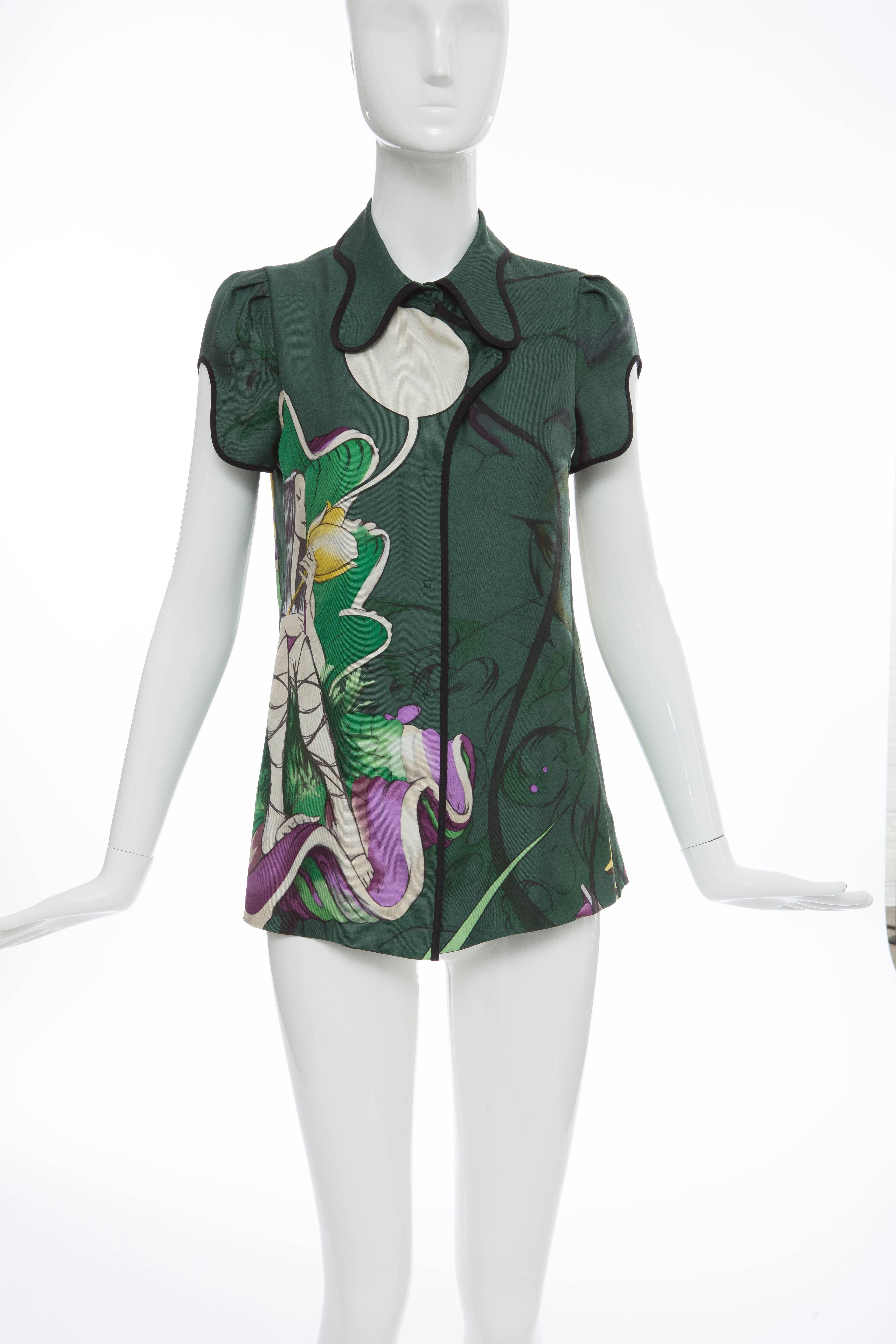Prada, Spring-Summer 2008, concealed snap front silk short sleeve top with James Jean fairy print throughout, 

IT. 38
US. 2

Bust 32”, Waist 36”, Length 27”