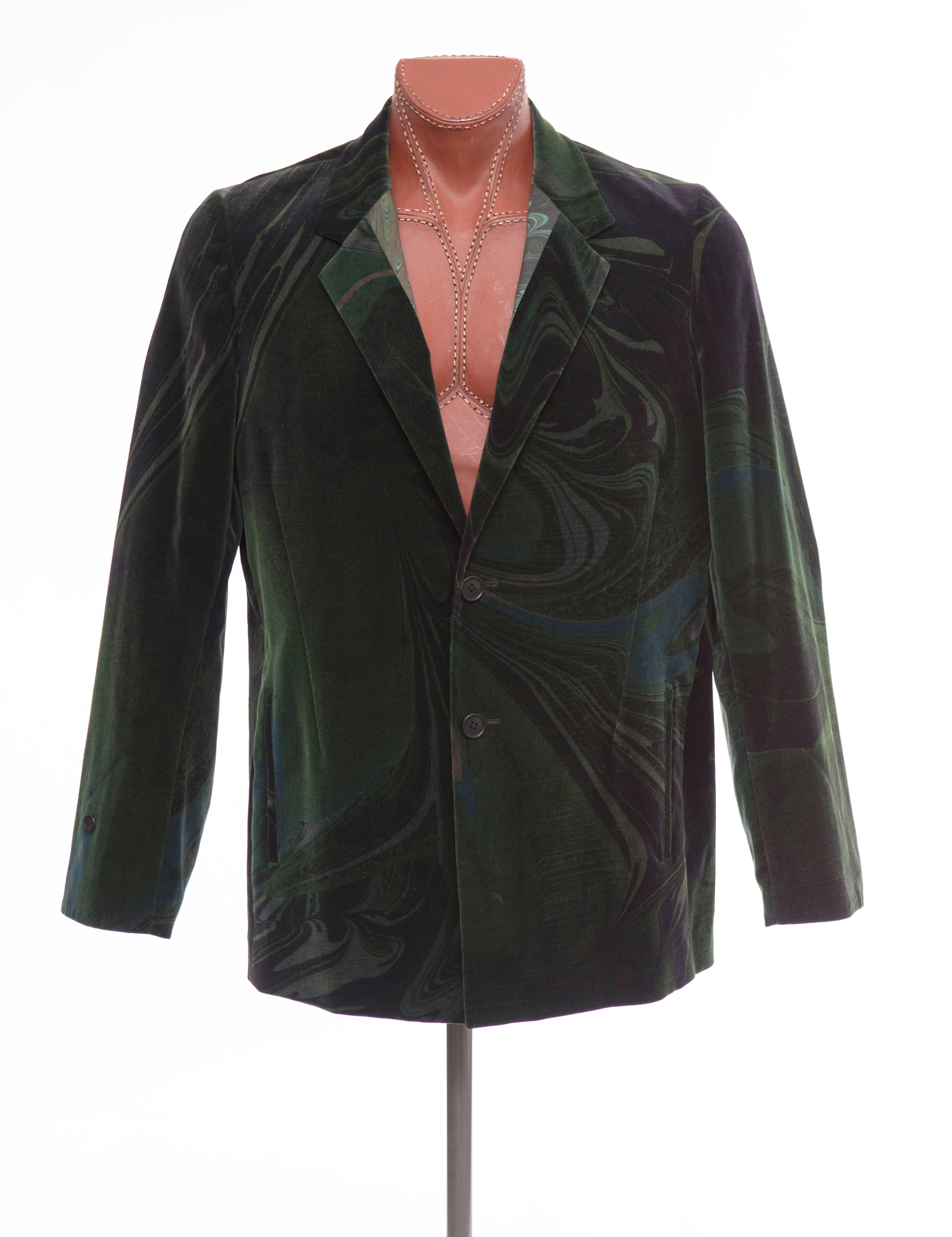 Yohji Yamamoto, Autumn-Winter 2015, men's emerald green cotton velvet blazer with wide notched lapels, structured shoulders, dual welt pockets at waist, three interior welt pockets, six functional button holes at cuffs, tonal stitching and dual