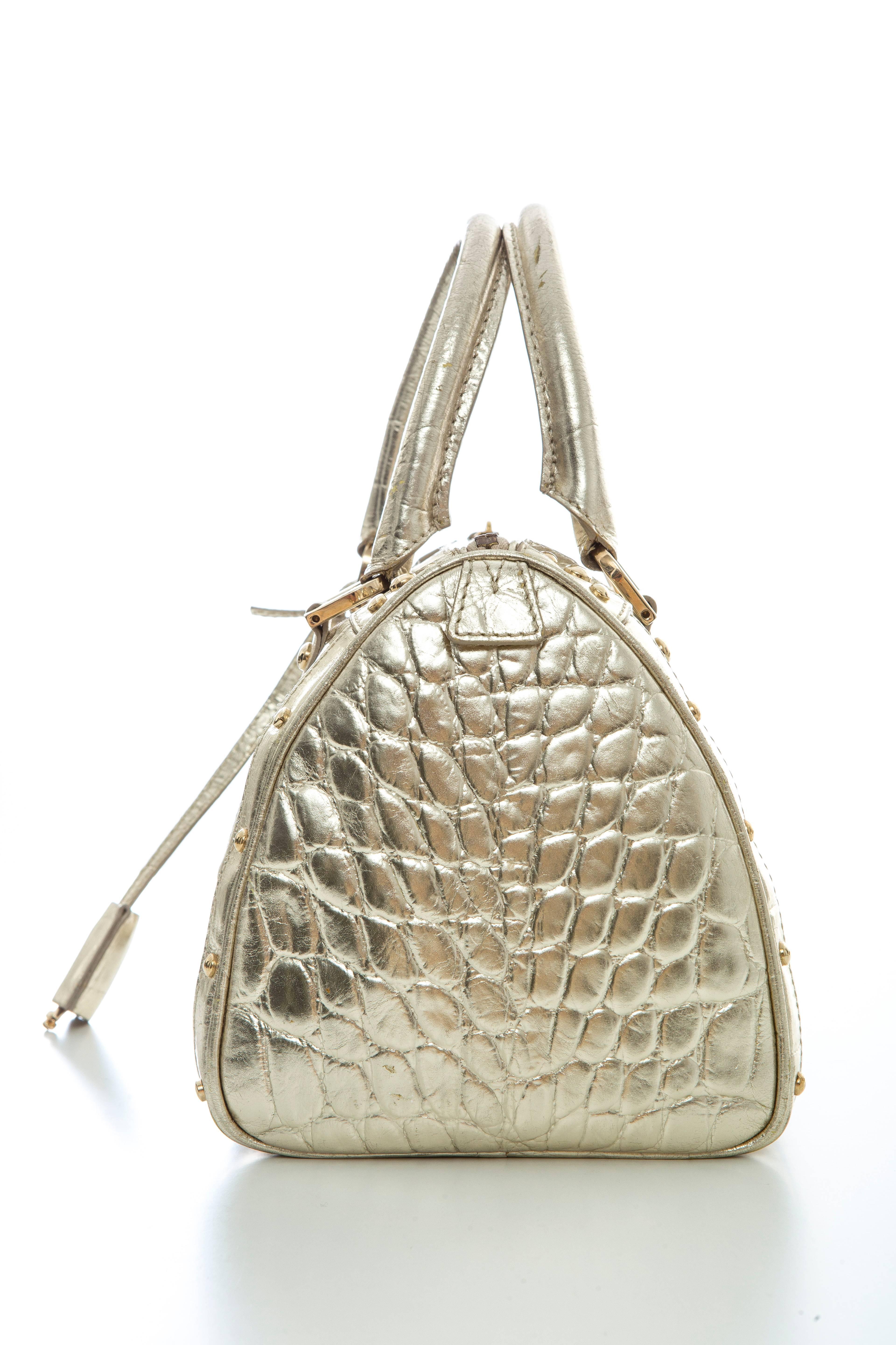 Women's Versace Madonna Embossed Metallic Gold Leather Top Handle Handbag