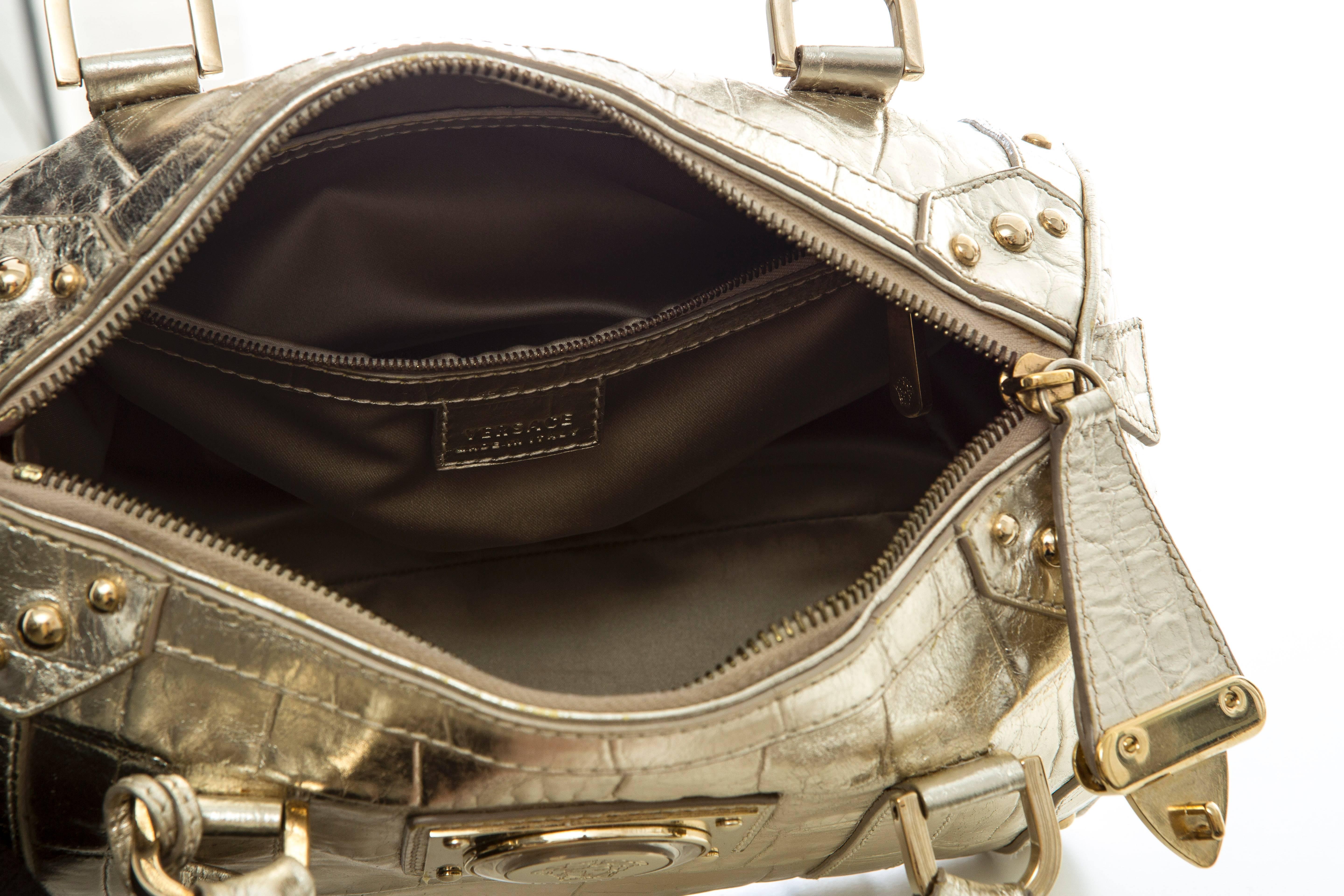 Versace Madonna Embossed Metallic Gold Leather Top Handle Handbag 1