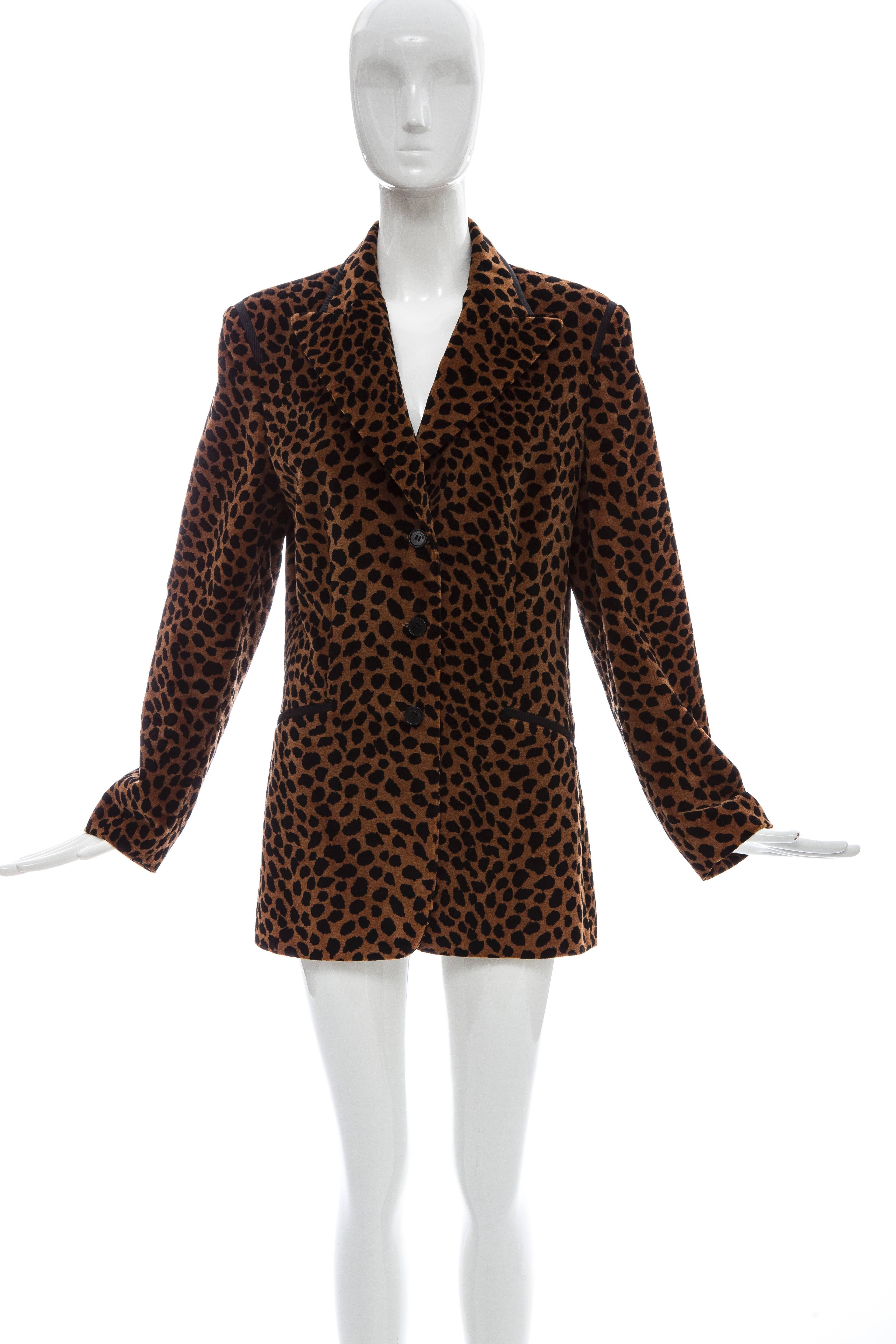 Iceberg, Circa: 1990's cotton velvet animal print blazer with black grosgrain trim, button front, two faux pockets and fully lined.

No Size Label

Bust 38, Waist 34, Hips 40, Length 29.5