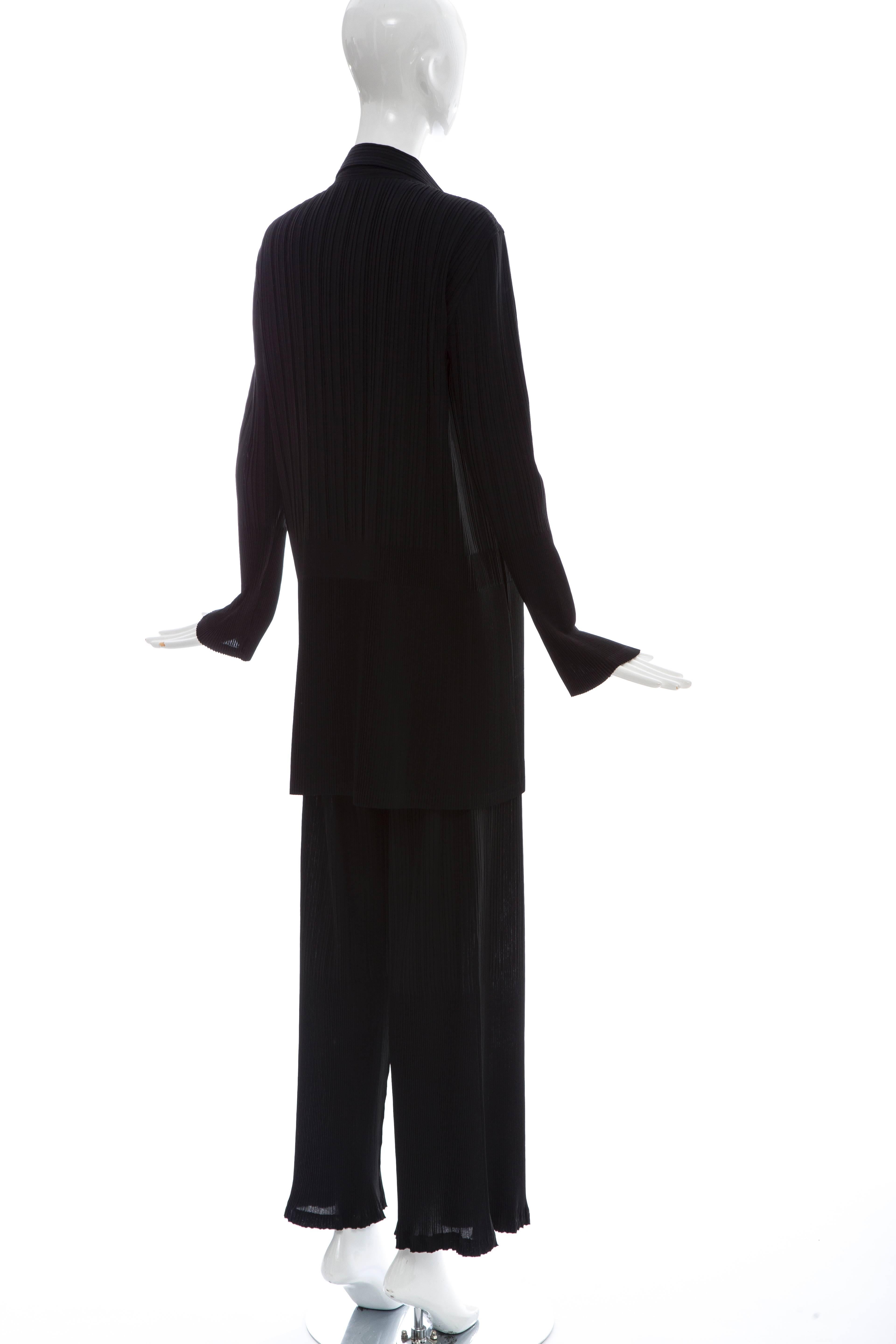 Women's Issey Miyake Black Pleated Polyester Button Front Pant Suit, Circa 1990's For Sale