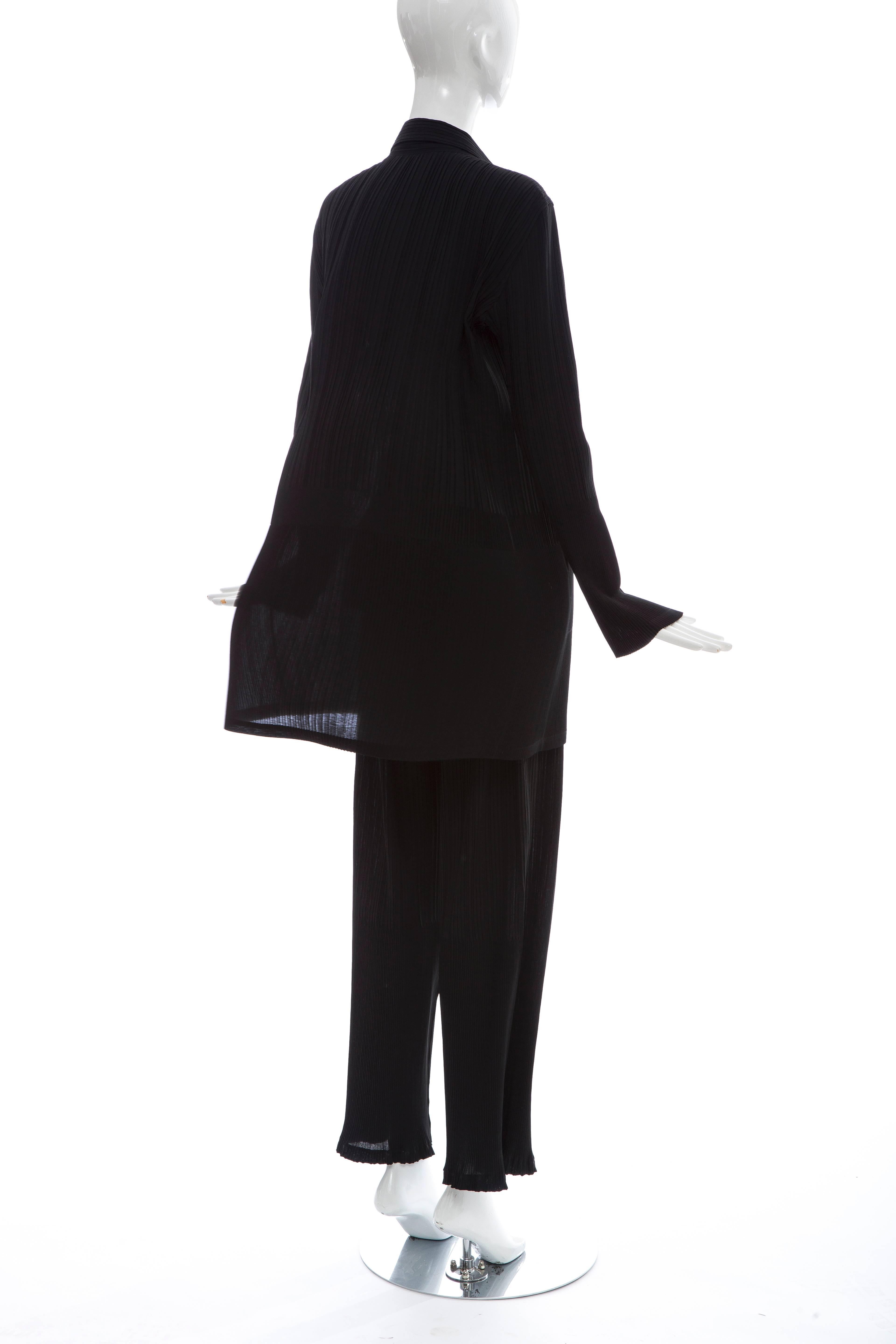 Issey Miyake Black Pleated Polyester Button Front Pant Suit, Circa 1990's For Sale 2