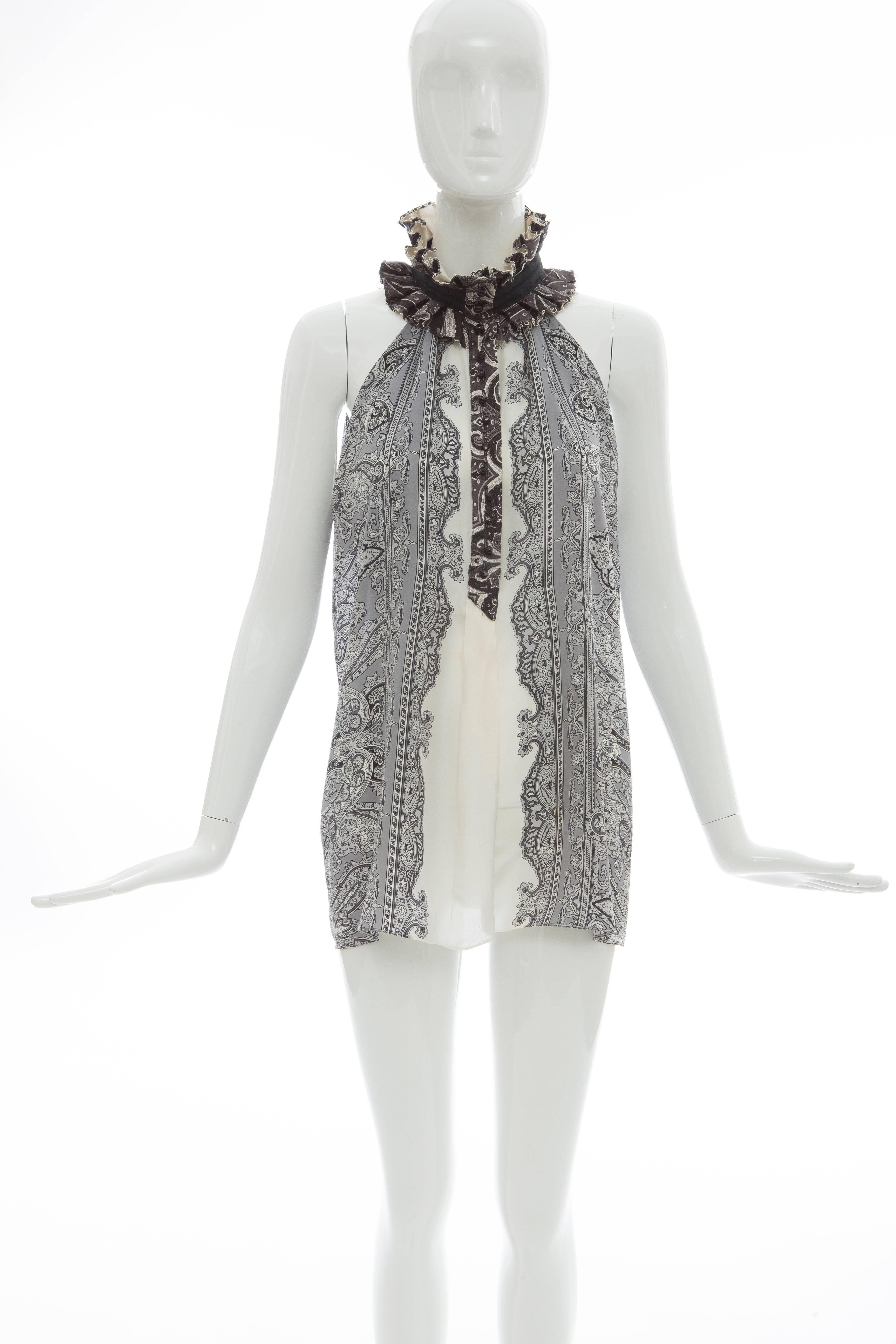 Nicolas Ghesquière for Balenciaga, Spring-Summer 2006 silk paisley sleeveless blouse with pleated collar and front button closure.

FR. 40
US. 8

Bust: 42"
Waist: 46"
Length: 28"