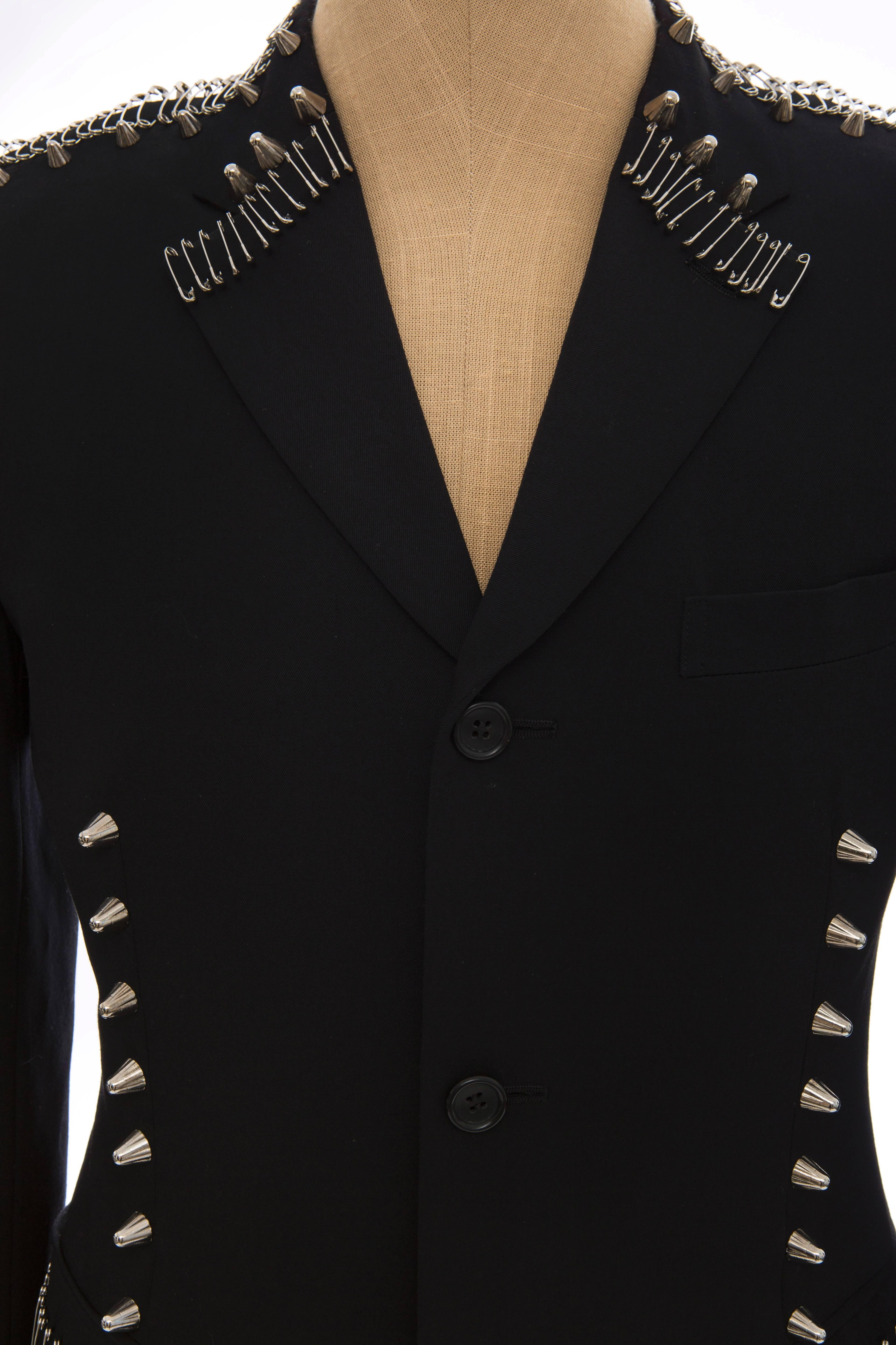 Comme Des Garcons Homme Plus 99%IS Black Wool Blazer Safety Pin Embellishments In Excellent Condition For Sale In Cincinnati, OH