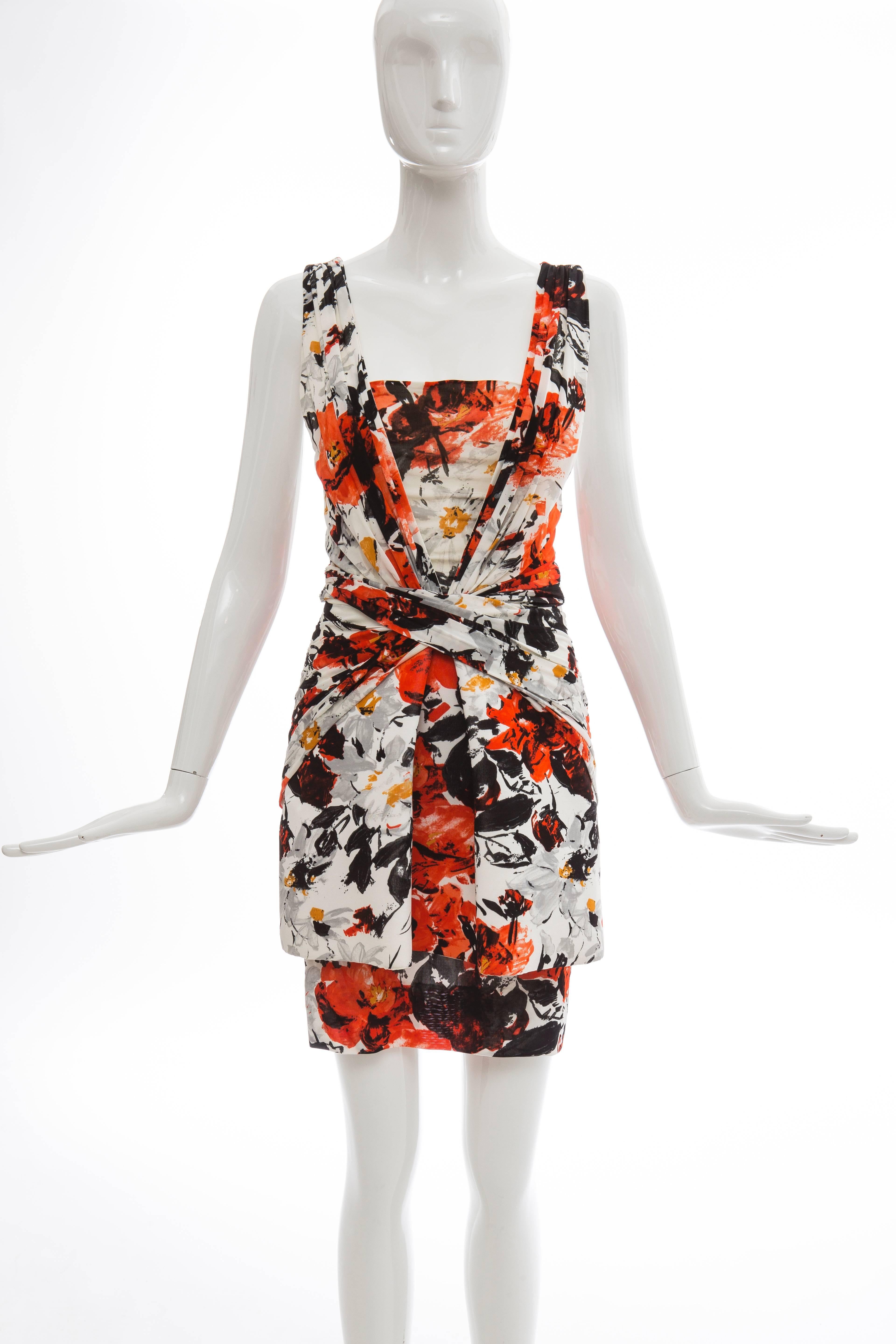 Nicolas Ghesquiere for Balenciaga, Spring-Summer 2008, sleeveless floral dress, with pleated neoprene overlay at skirt, draping throughout, interior boning and invisible back zip closure.

FR. 36
US. 4

Bust: 32