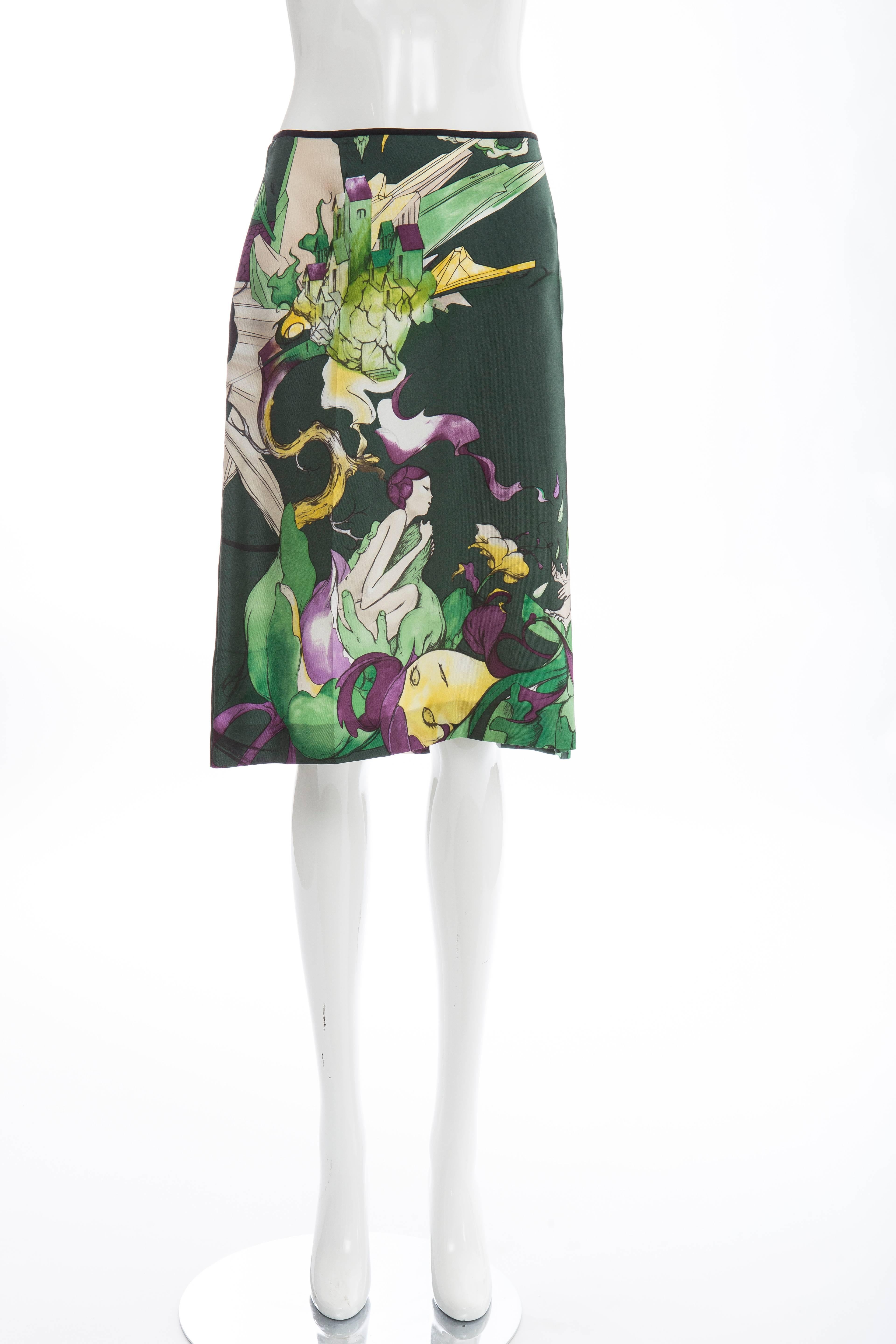 Prada, Spring-Summer 2008, high-waist silk skirt with James Jean fairy print throughout and concealed zip closure at side.

IT. 42
US. 6
Waist 30, Hip 38”, Length 25”