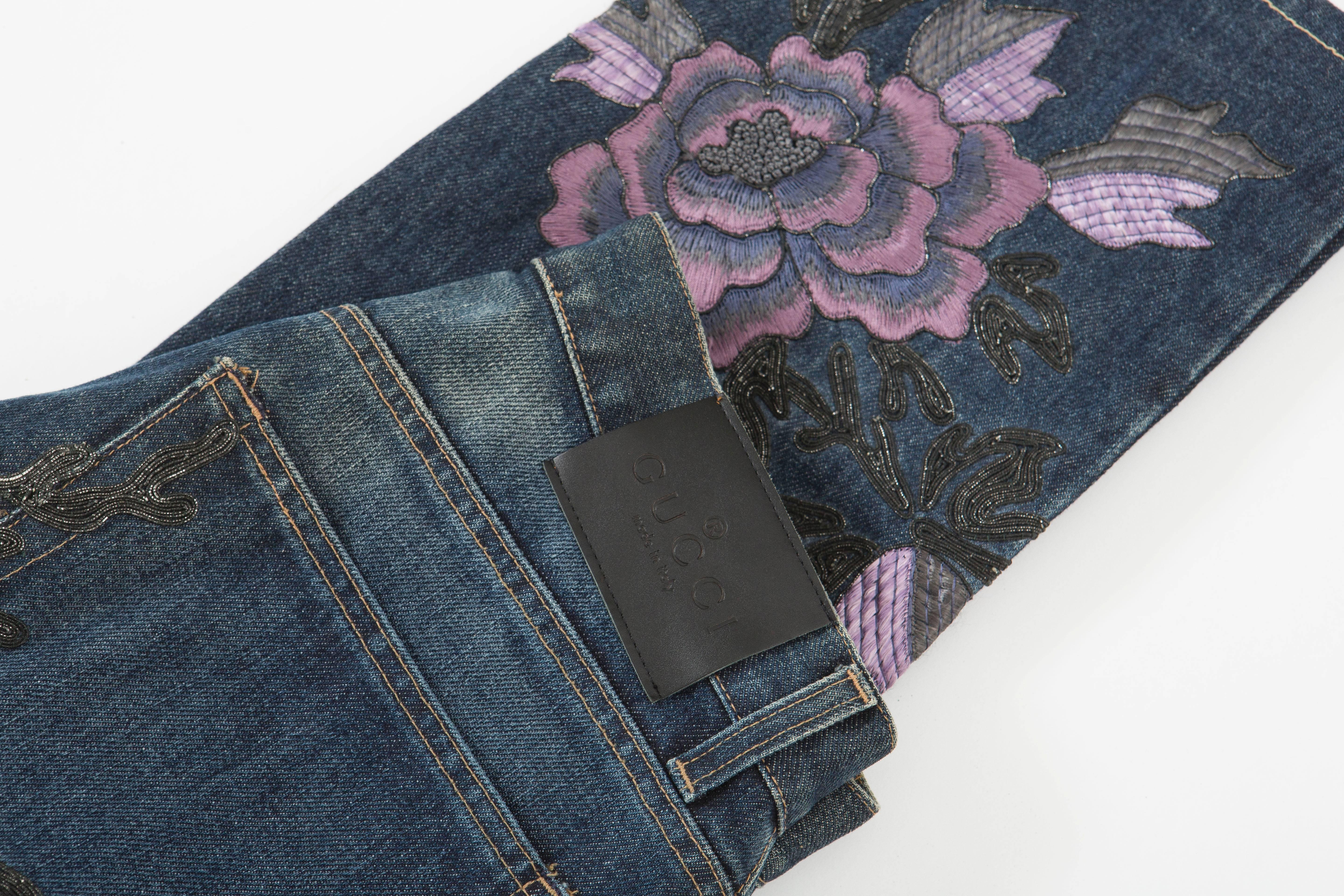 Black Tom Ford For Gucci Men's Floral Embroidered Jeans Autumn - Winter 1999