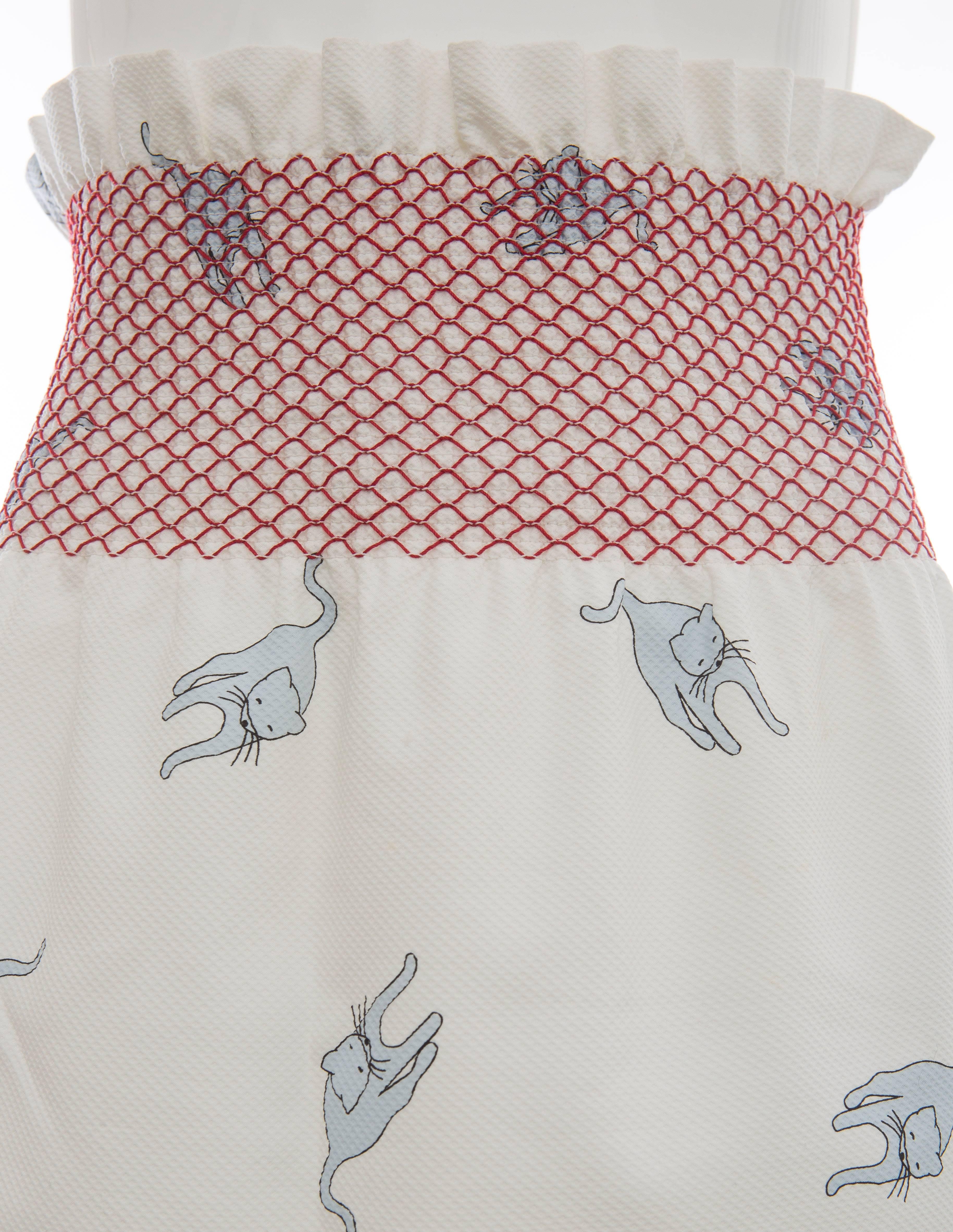 Gray Miu Miu Cotton Skirt With Cat Print And Red Smocked Waist, Spring - Summer 2010