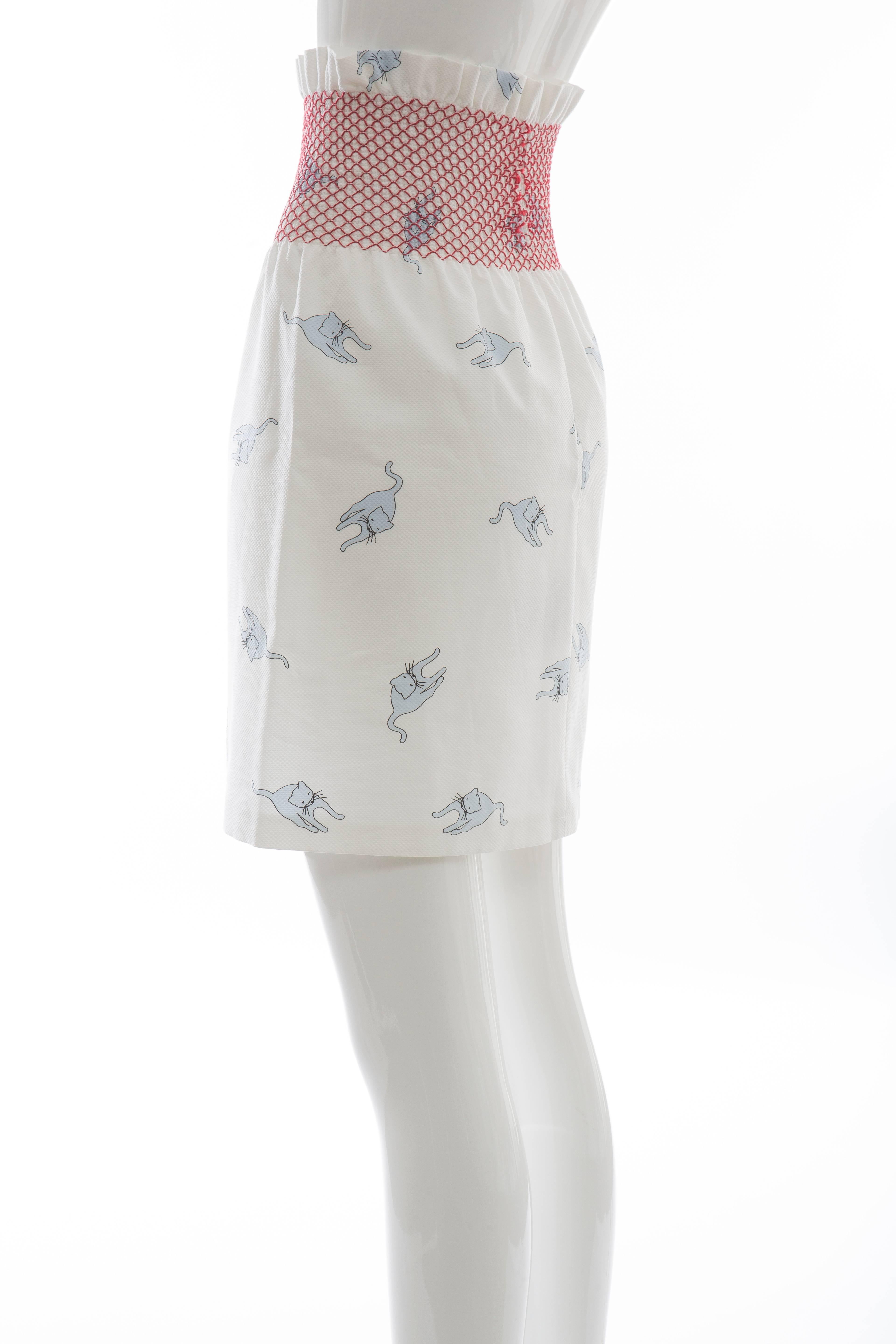 Miu Miu Cotton Skirt With Cat Print And Red Smocked Waist, Spring - Summer 2010 In Excellent Condition In Cincinnati, OH