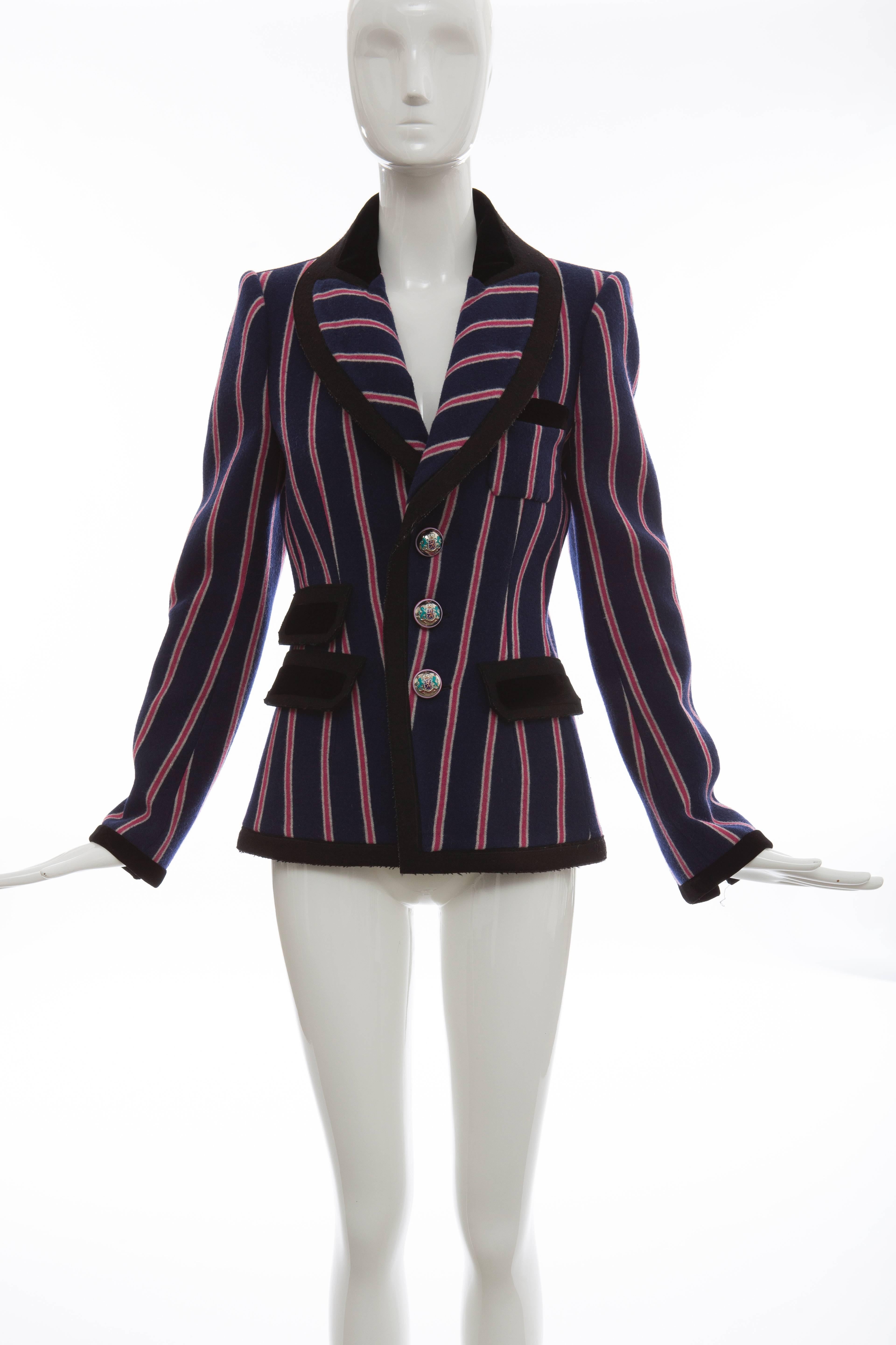 Nicolas Ghesquière For Balenciaga, Autumn-Winter 2007, runway wool blazer with shawl collar, vertical striped pattern throughout, single patch pocket at bust, triple faux flap pockets at front, dual vent at back and enameled button clsoures at