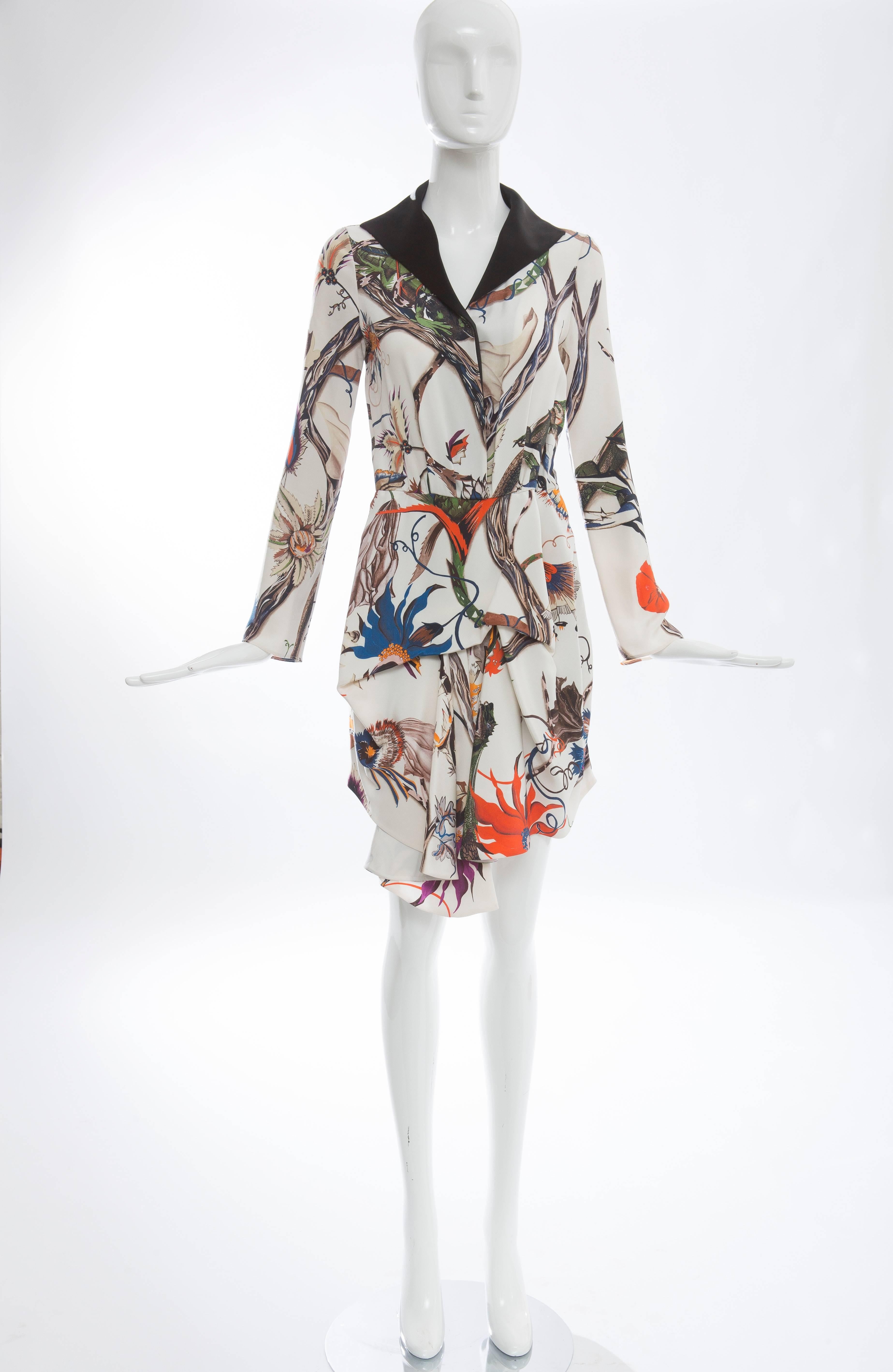 Nicolas Ghesquière for Balenciaga  Autumn-Winter 2011,silk blend iguana and floral print dress with satin notched collar, long sleeves, draping at front skirt, asymmetrical hem, hidden button closures at bodice and concealed zip closure at