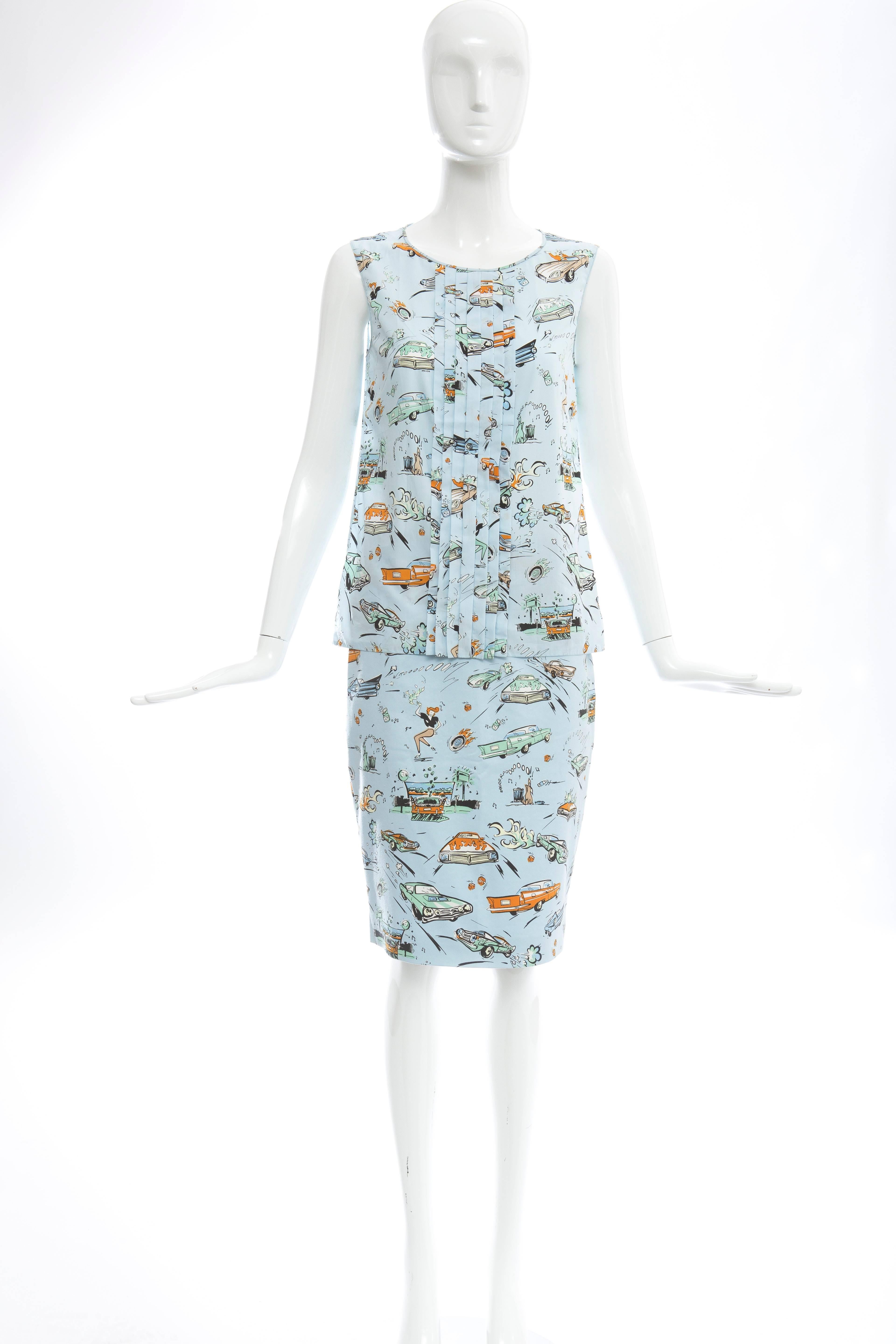 Prada, Spring-Summer 2012, car print skirt suit. Pencil skirt has slit at back hem and concealed zip closure at side. Sleeveless top with crew neck, knife pleating at front and button closure at nape.

IT. 40
US. 4

Skirt: Waist: 28