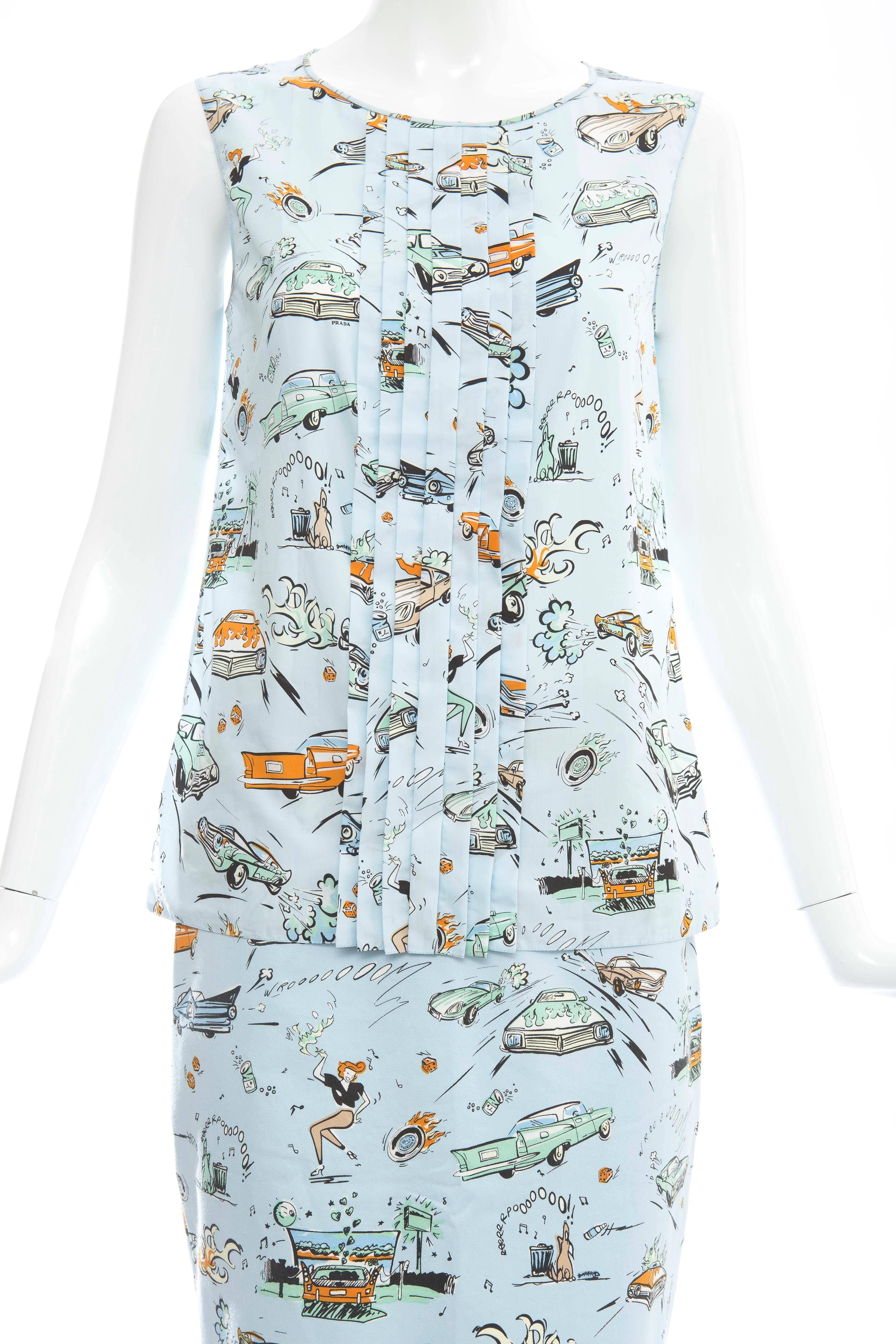 Prada Car Print Cotton Skirt Suit, Spring / Summer 2012 In Excellent Condition In Cincinnati, OH