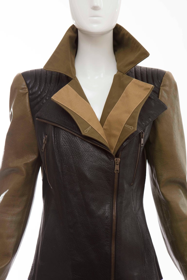 Alexander McQueen Olive Green Black Leather Zip Front Jacket For Sale ...