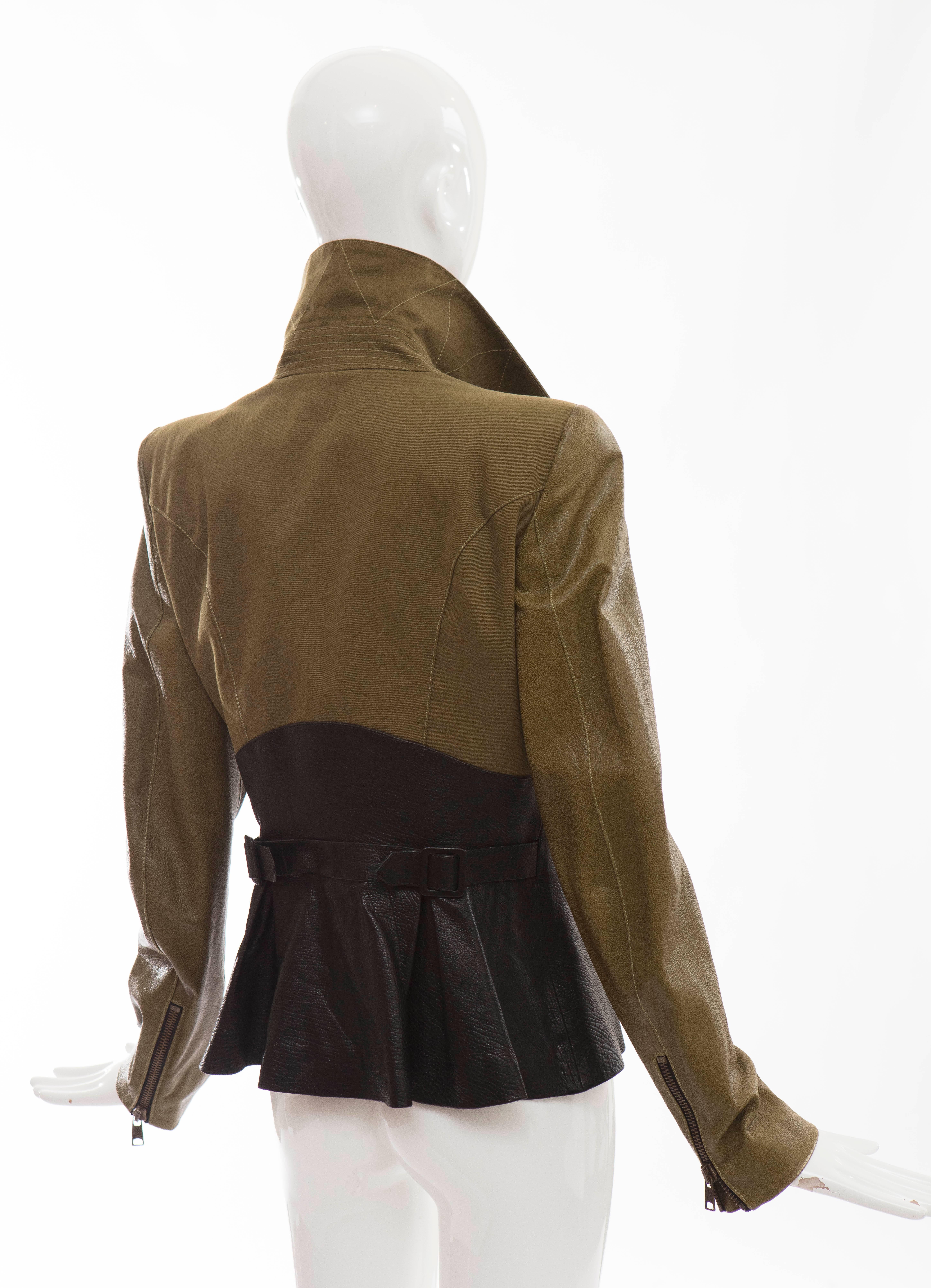 Women's Alexander McQueen Olive Green Black Leather Zip Front Jacket  For Sale