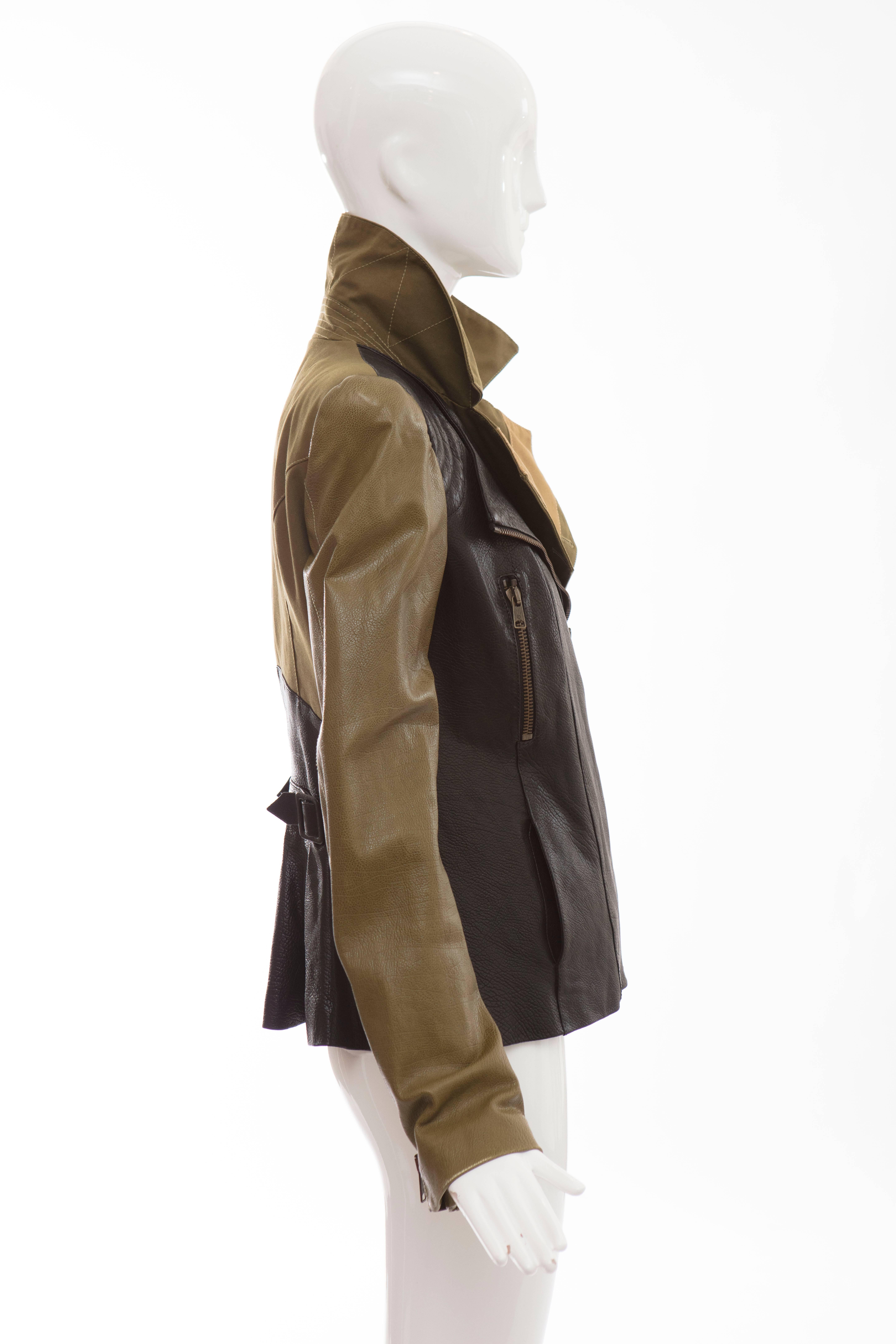 Alexander McQueen Olive Green Black Leather Zip Front Jacket  For Sale 1