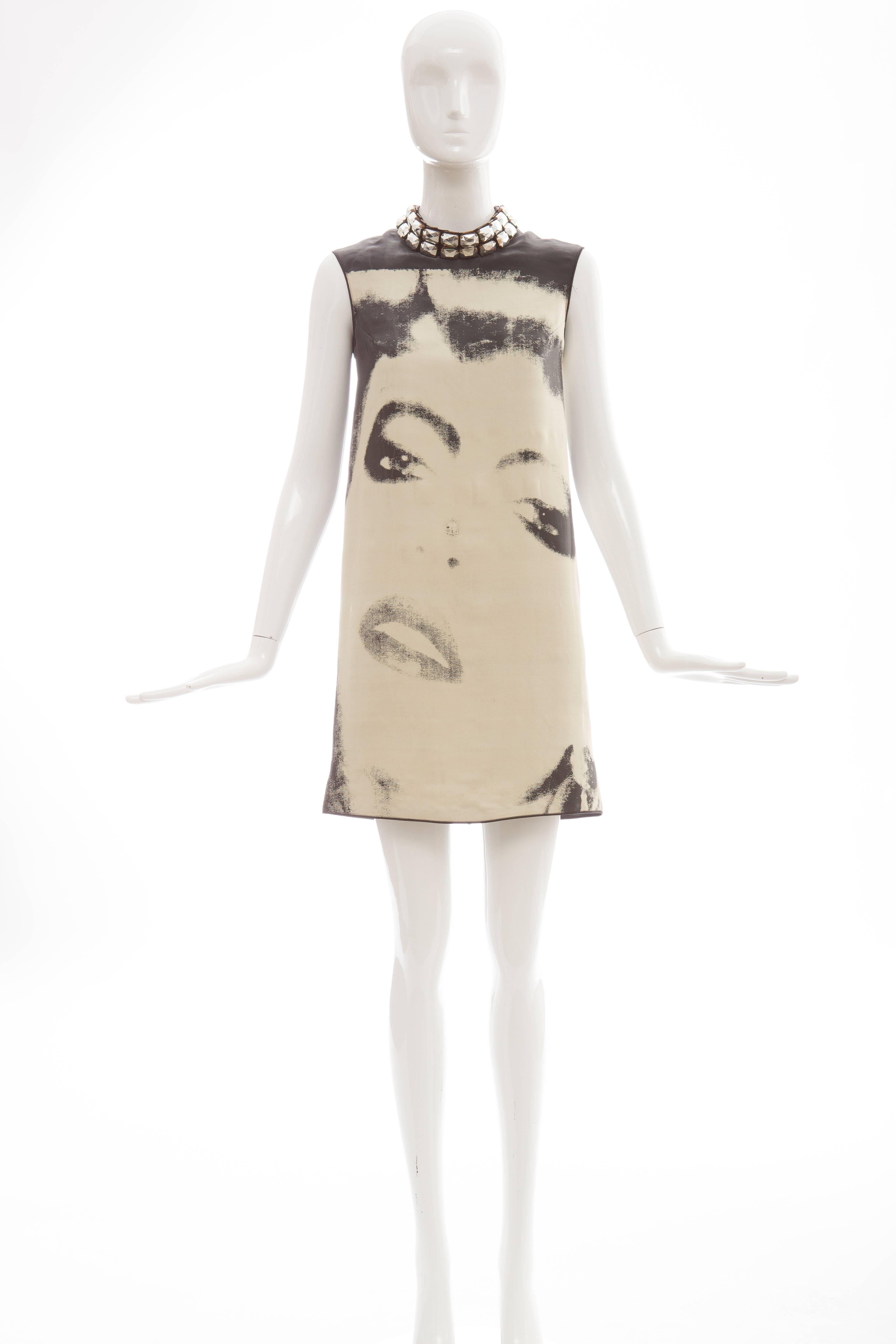 Alber Elbaz for Lanvin, Spring-Summer 2007,sleeveless silk, nylon shift dress with faceted embellishments at neckline, face print at front, exposed back zip and fully lined. AD Campaign: Spring-Summer 2007

FR. 34
US. 2
Bust: 35