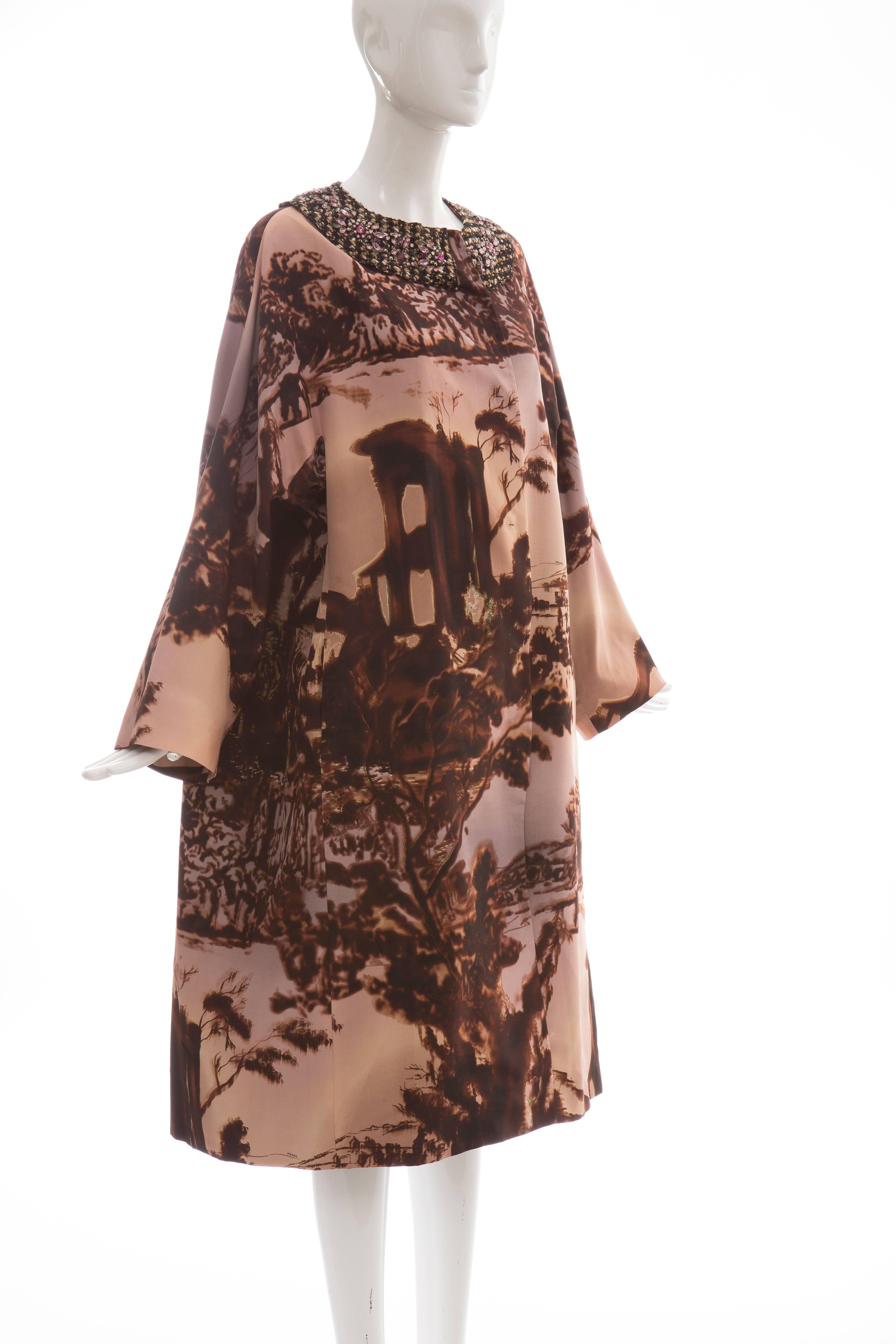 Women's Prada Printed Silk Faille Coat With Tweed Jewel Neckline,  Autumn - Winter 2004