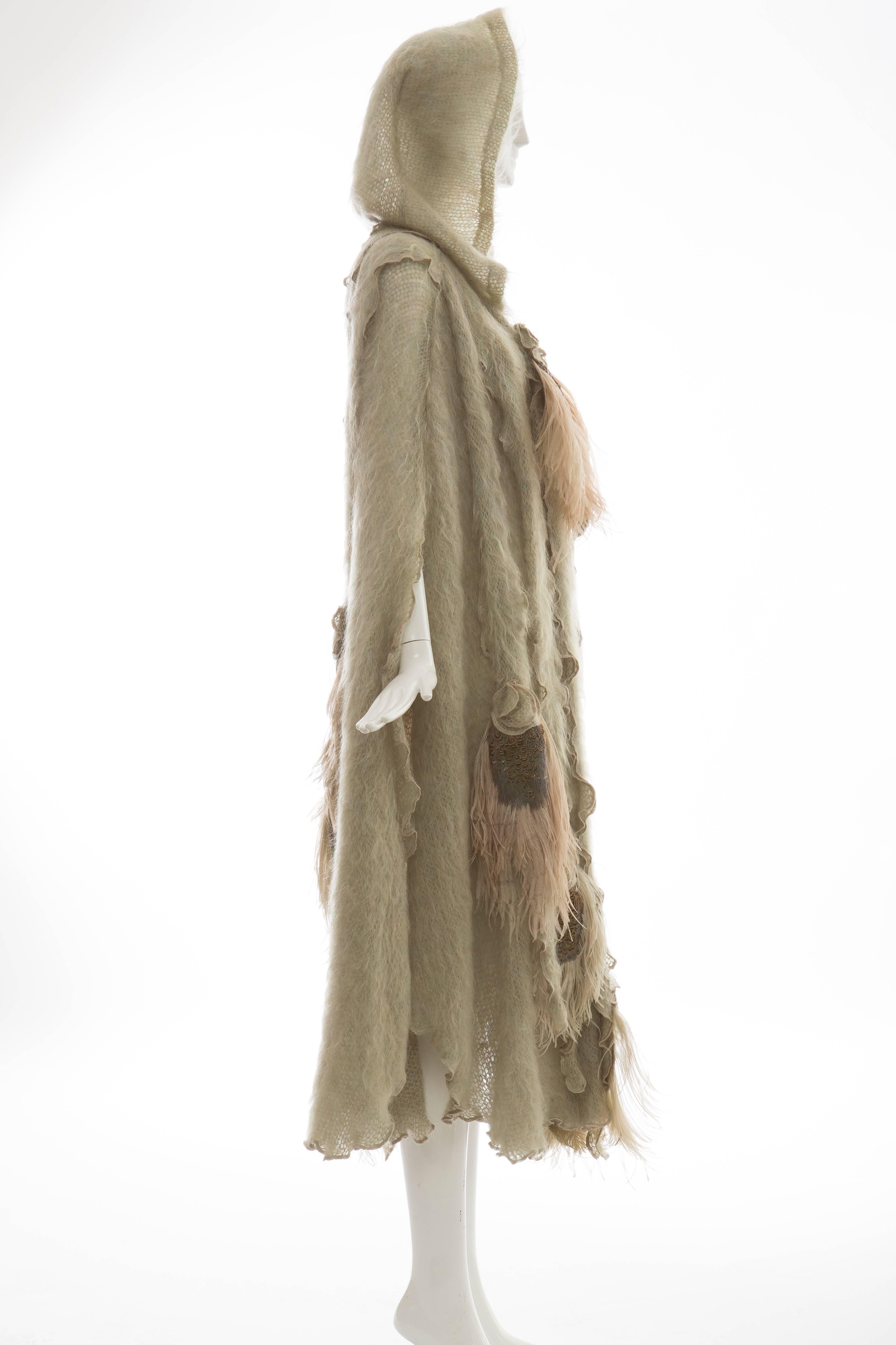 Brown Diana Leslie For Animal Rainbow Sage Green Hooded Mohair Cape, Circa 1980's