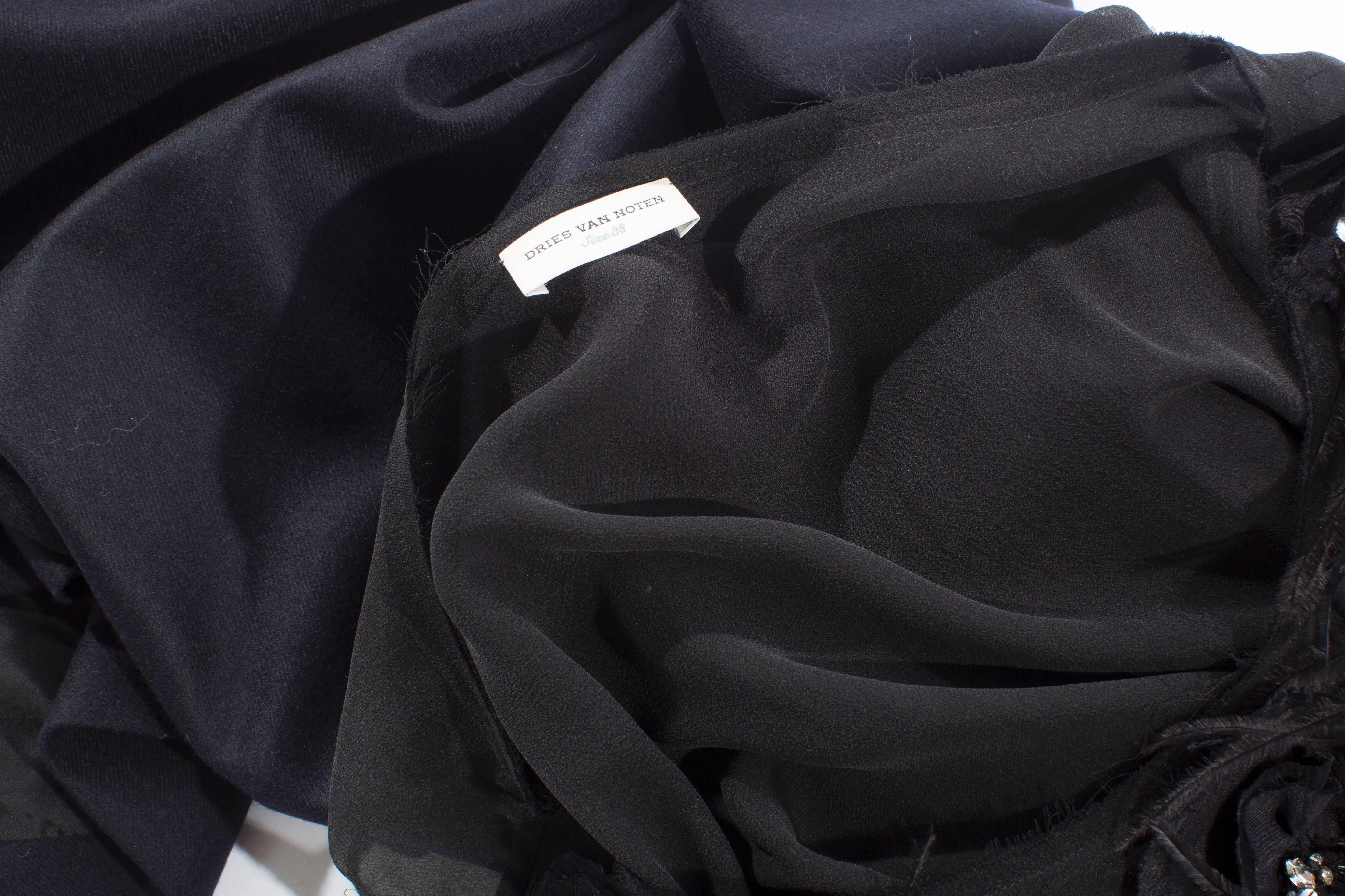 Dries Van Noten Navy Blue Wool Black Silk Chiffon Feathers Dress, Fall 2013 For Sale 1