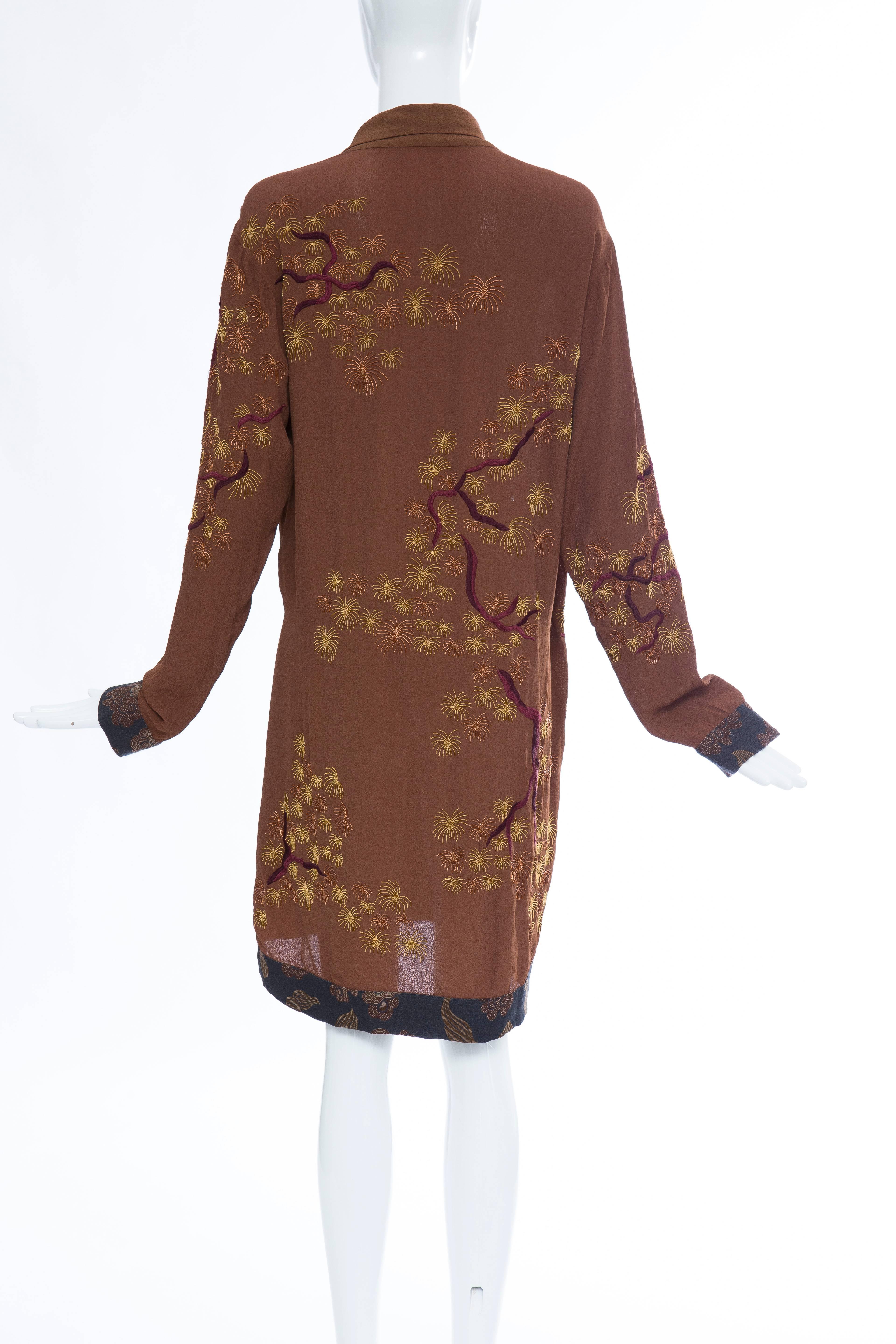 Brown Dries Van Noten Embroidered Kimono Jacket With Printed Cuffs & Hem