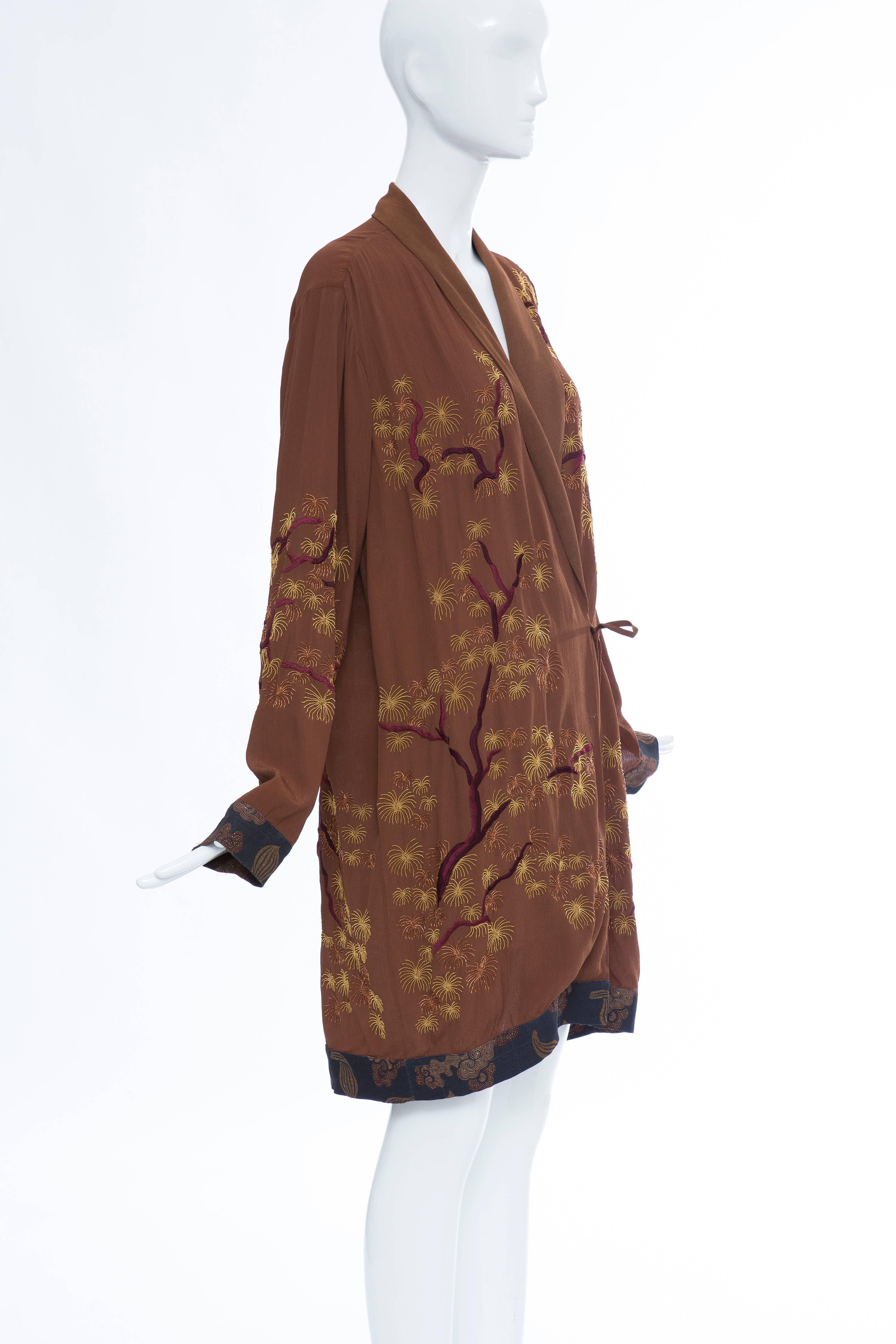 Women's Dries Van Noten Embroidered Kimono Jacket With Printed Cuffs & Hem