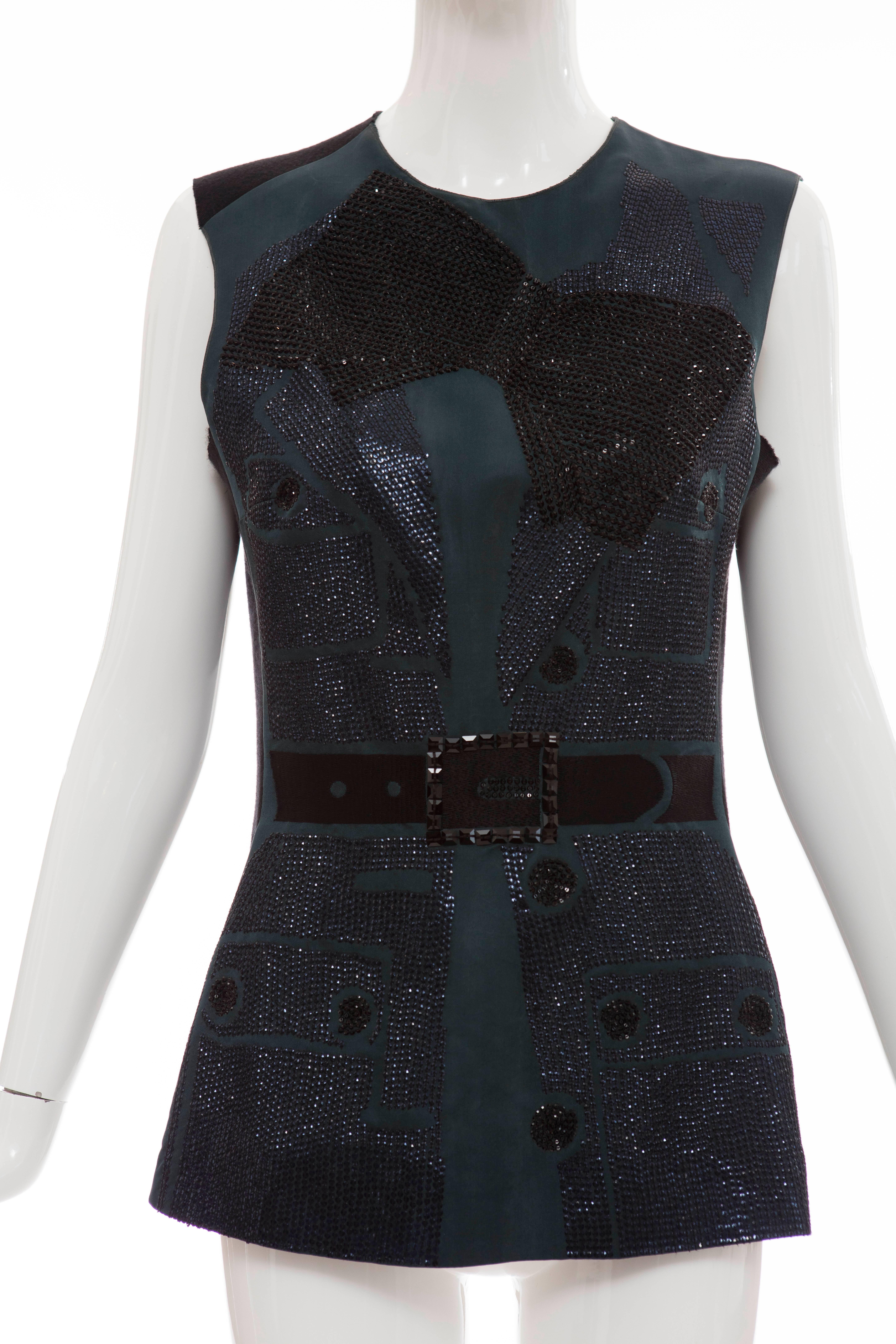 Lanvin by Alber Elbaz, circa 2006, sleeveless top with silk front panel, wool back panel, crystal and sequin embellishments and back button closure.