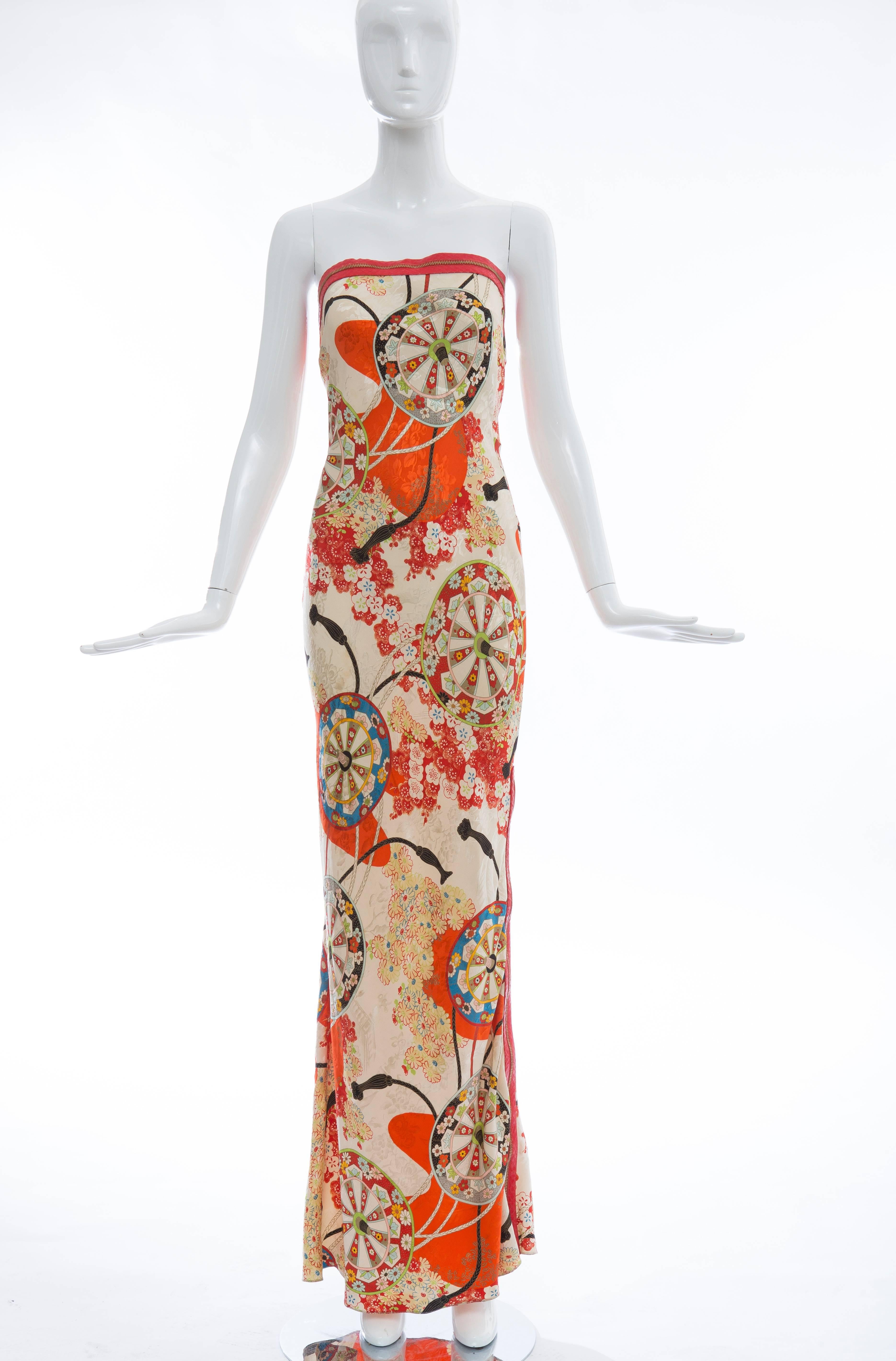 John Galliano for Christian Dior, Spring-Summer 2001 silk floral print strapless dress with leather trim, tonal stitching and zip and button closures at back.

FR.36
US. 4
Bust: 32", Waist: 26",  Hip: 36", Length: 40