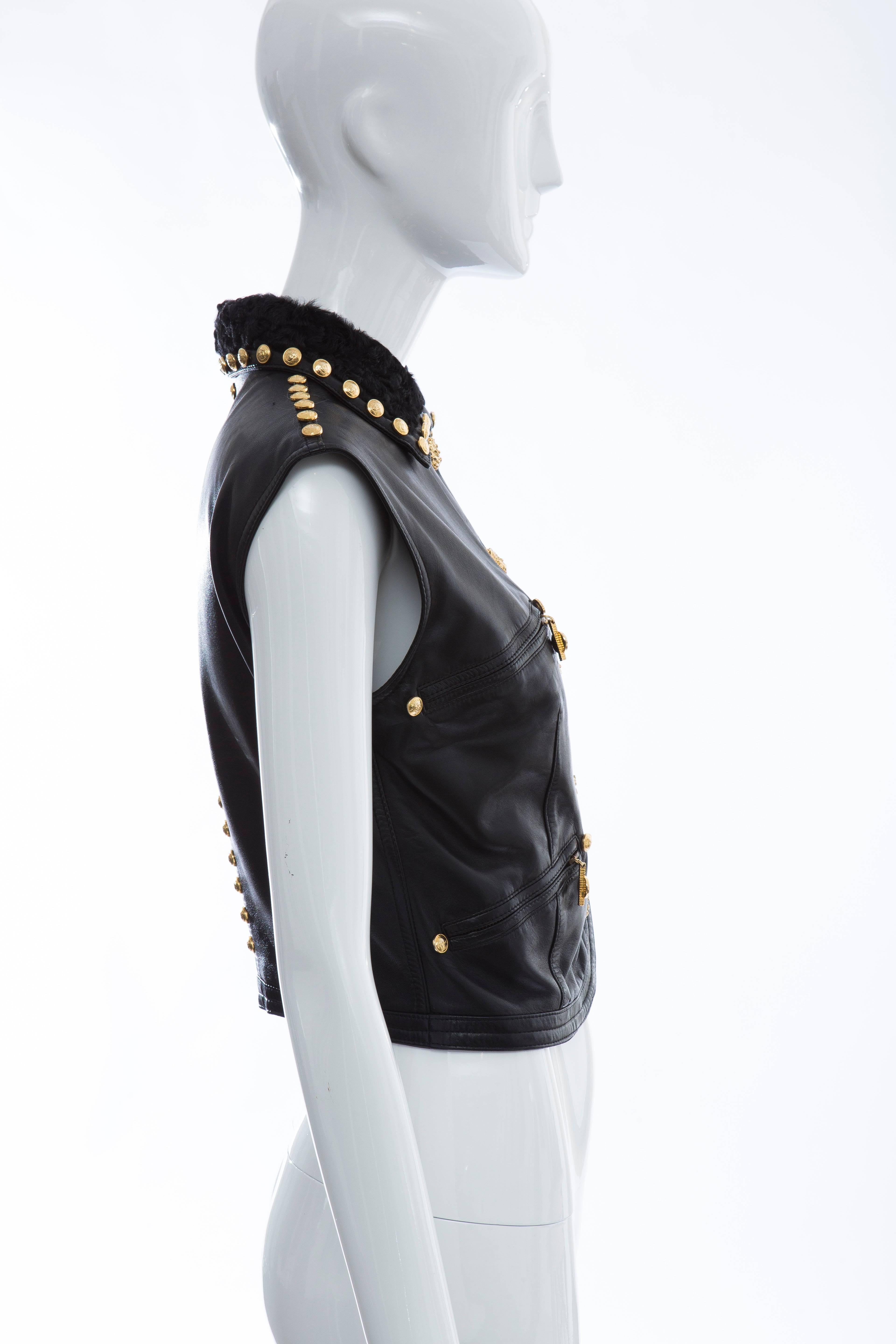 Gianni Versace Black Studded Leather Vest With Persian Lamb Collar, Circa 1990's In Excellent Condition In Cincinnati, OH