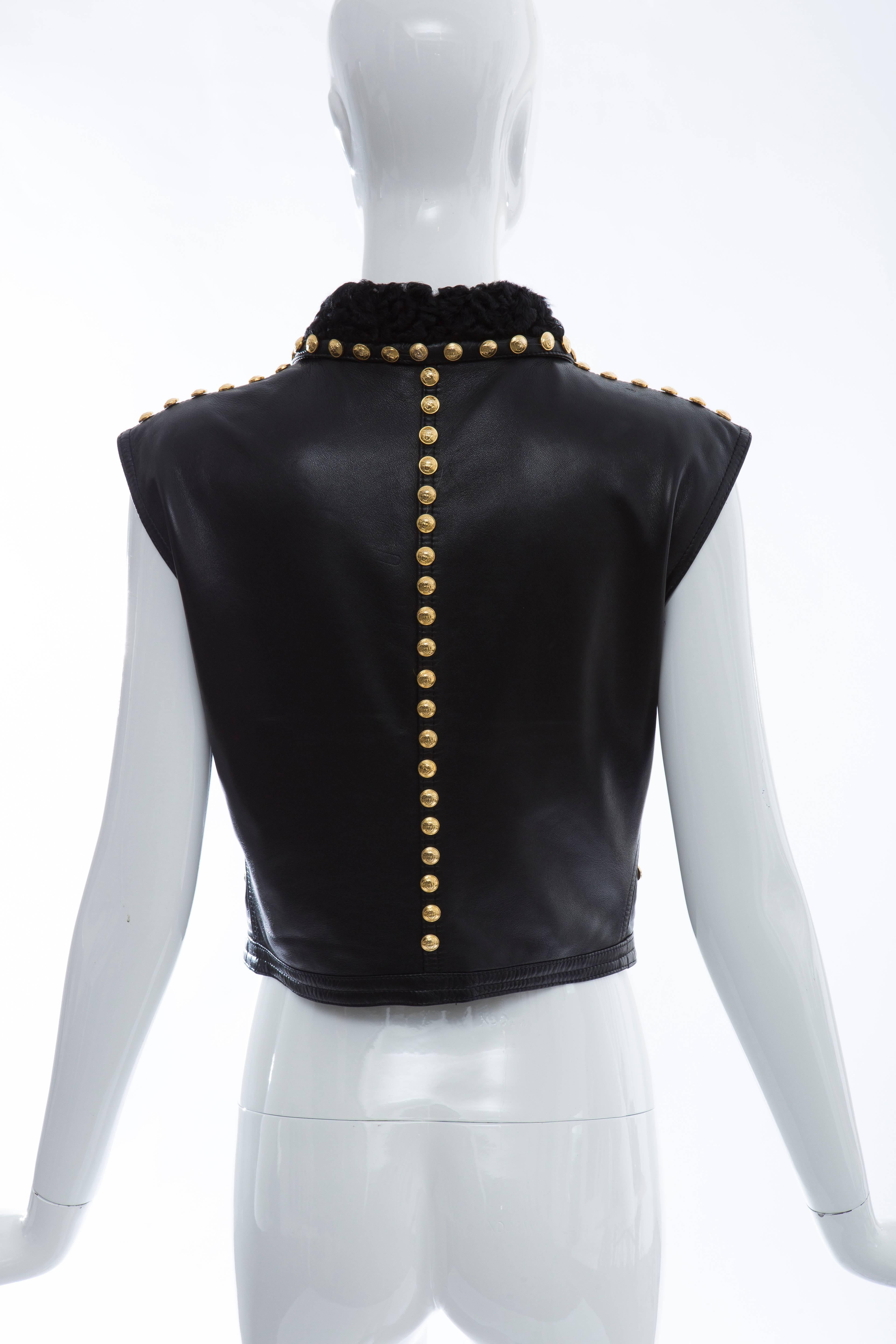 Women's Gianni Versace Black Studded Leather Vest With Persian Lamb Collar, Circa 1990's