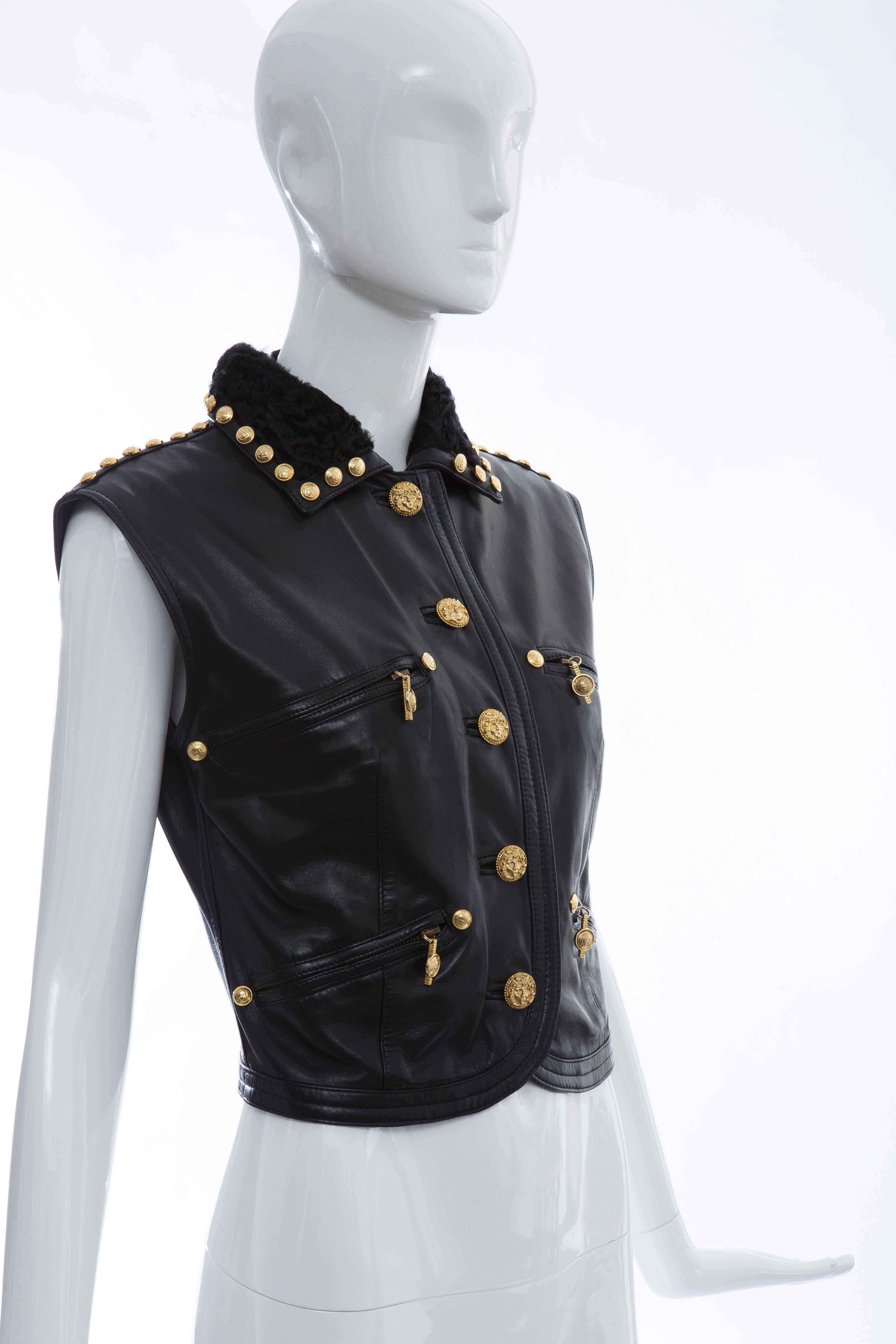 Gianni Versace Black Studded Leather Vest With Persian Lamb Collar, Circa 1990's 1