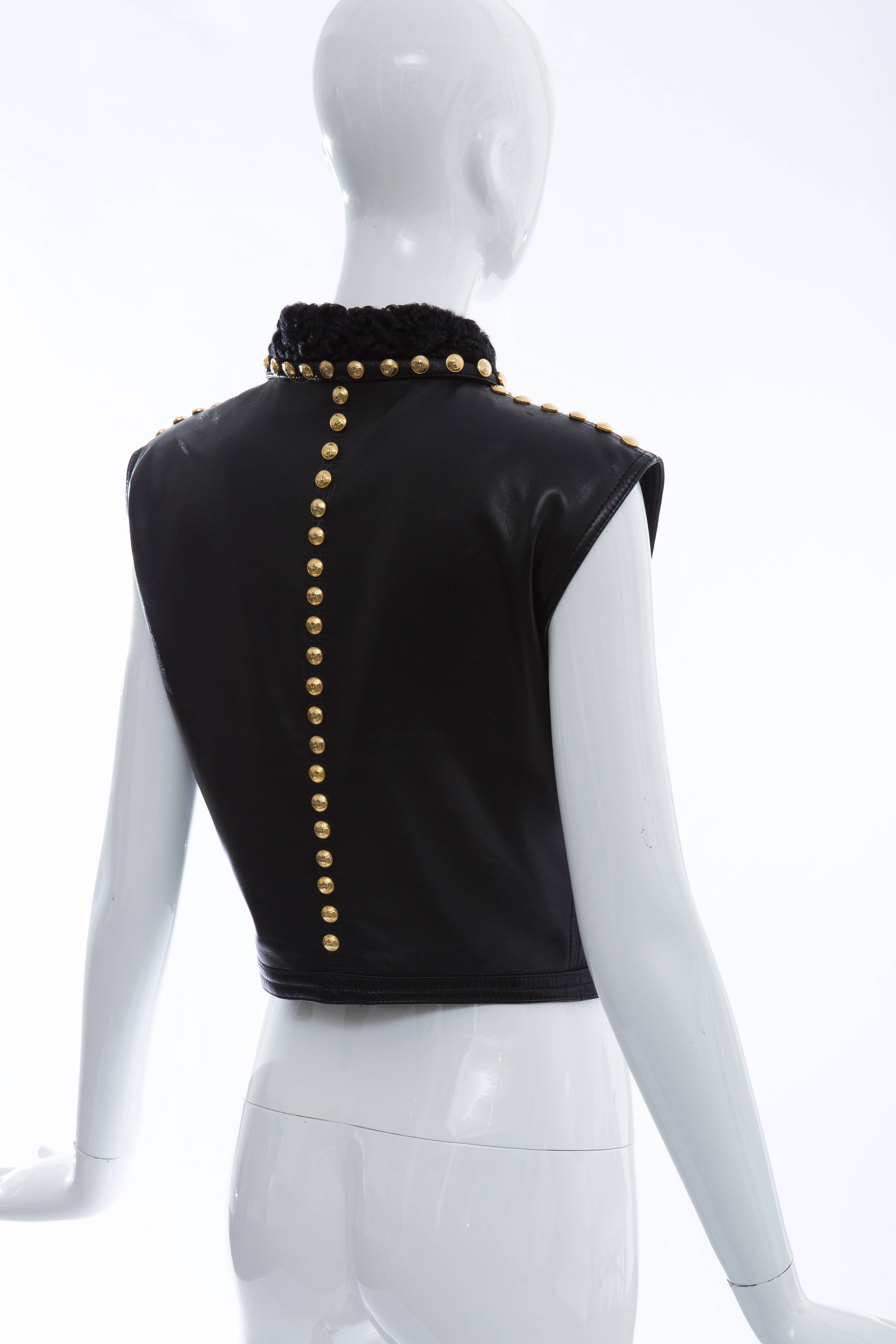 Gianni Versace Black Studded Leather Vest With Persian Lamb Collar, Circa 1990's 3