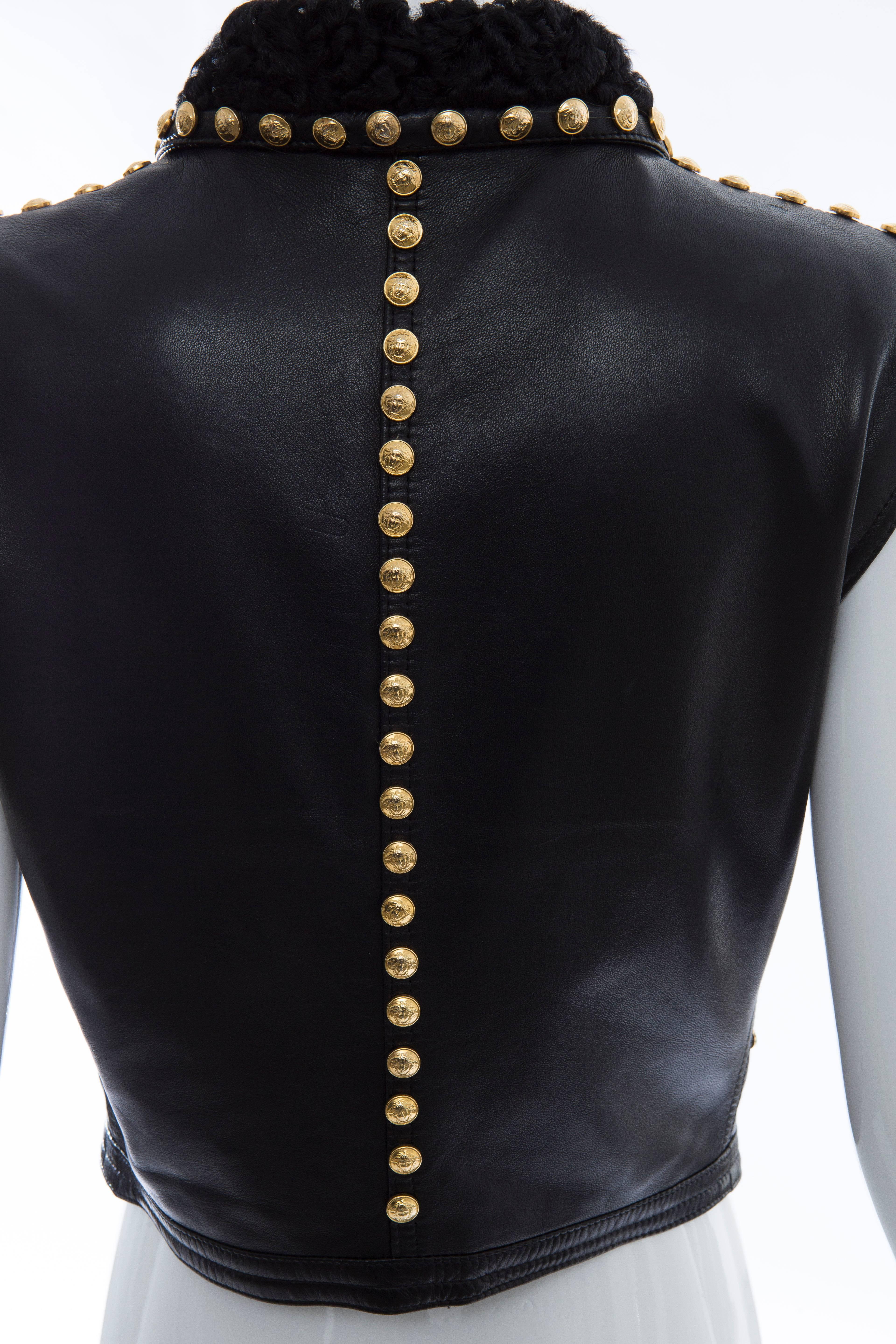 Gianni Versace Black Studded Leather Vest With Persian Lamb Collar, Circa 1990's 4