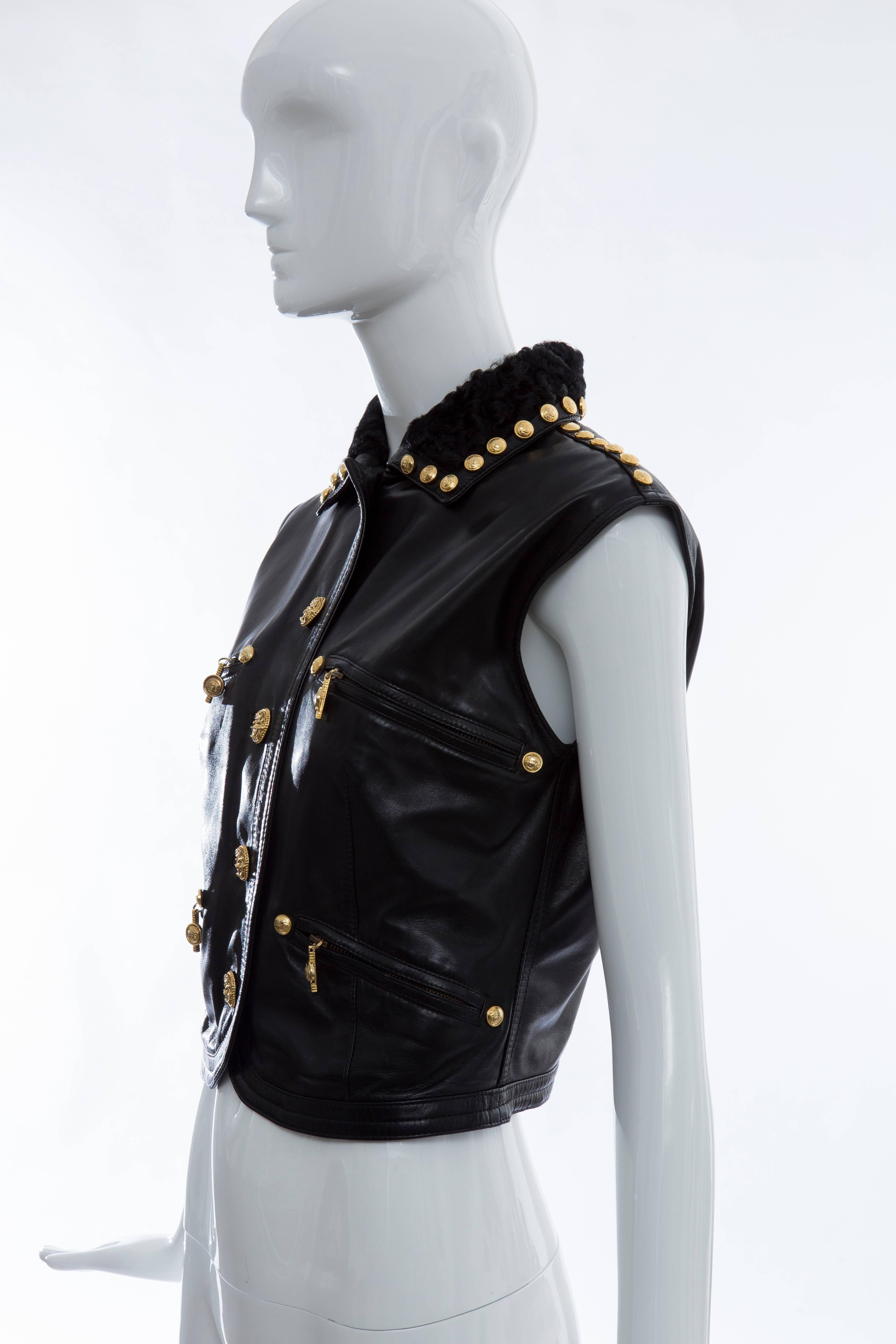Gianni Versace Black Studded Leather Vest With Persian Lamb Collar, Circa 1990's 5