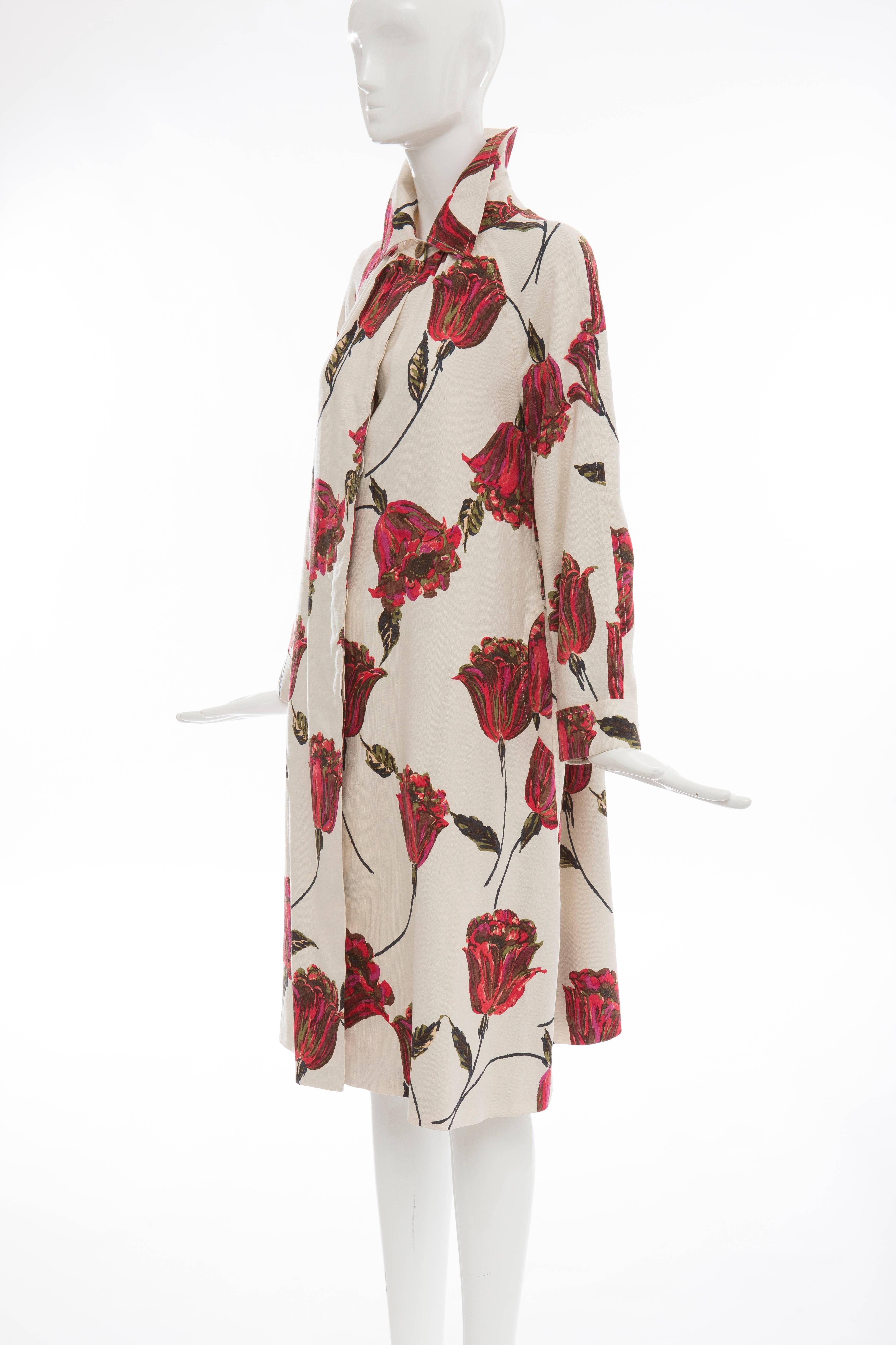 Women's Dries Van Noten Runway Silk Cotton Linen Tulip Print Coat, Spring 2005