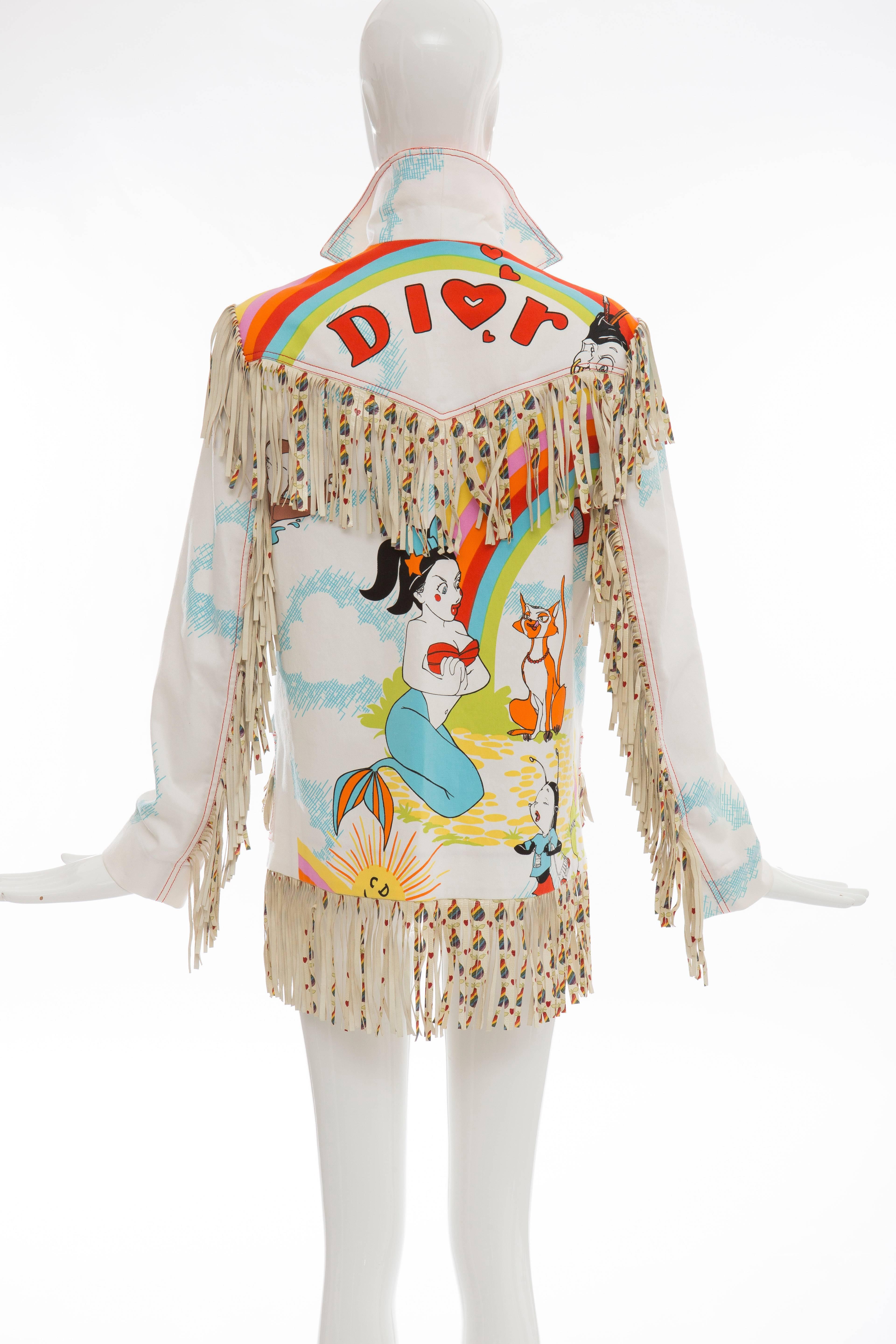 John Galliano for Christian Dior, Spring-Summer 2001, white cotton jacket with cartoon print throughout, leather fringe trim, dual patch pockets at waist, contrast stitching and button closures at center front.

IT. 42
US. 6

Bust 36, Waist 36,