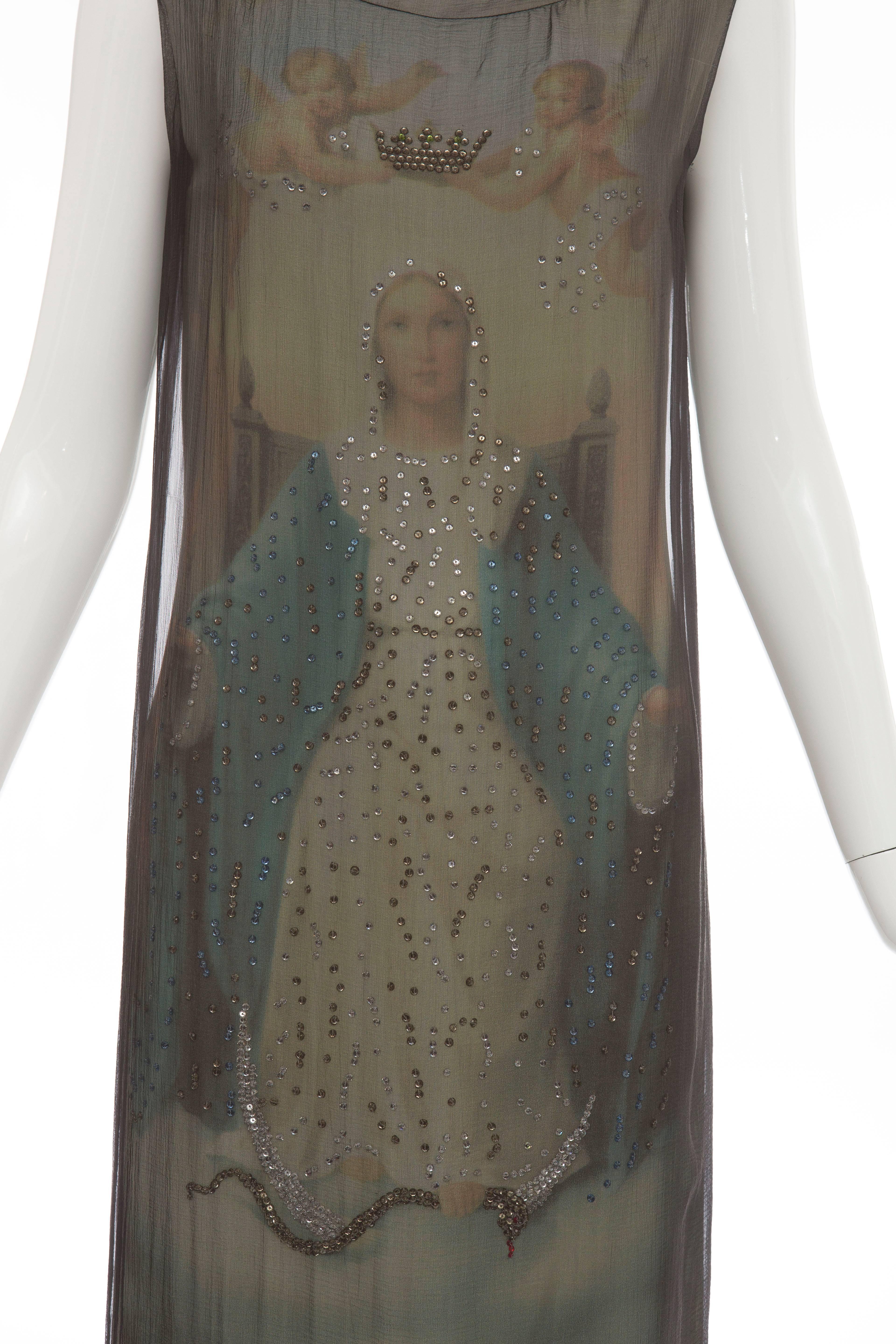 Black Dolce & Gabbana Runway Virgin Mary Silk Chiffon Print Dress, Spring 1998 For Sale