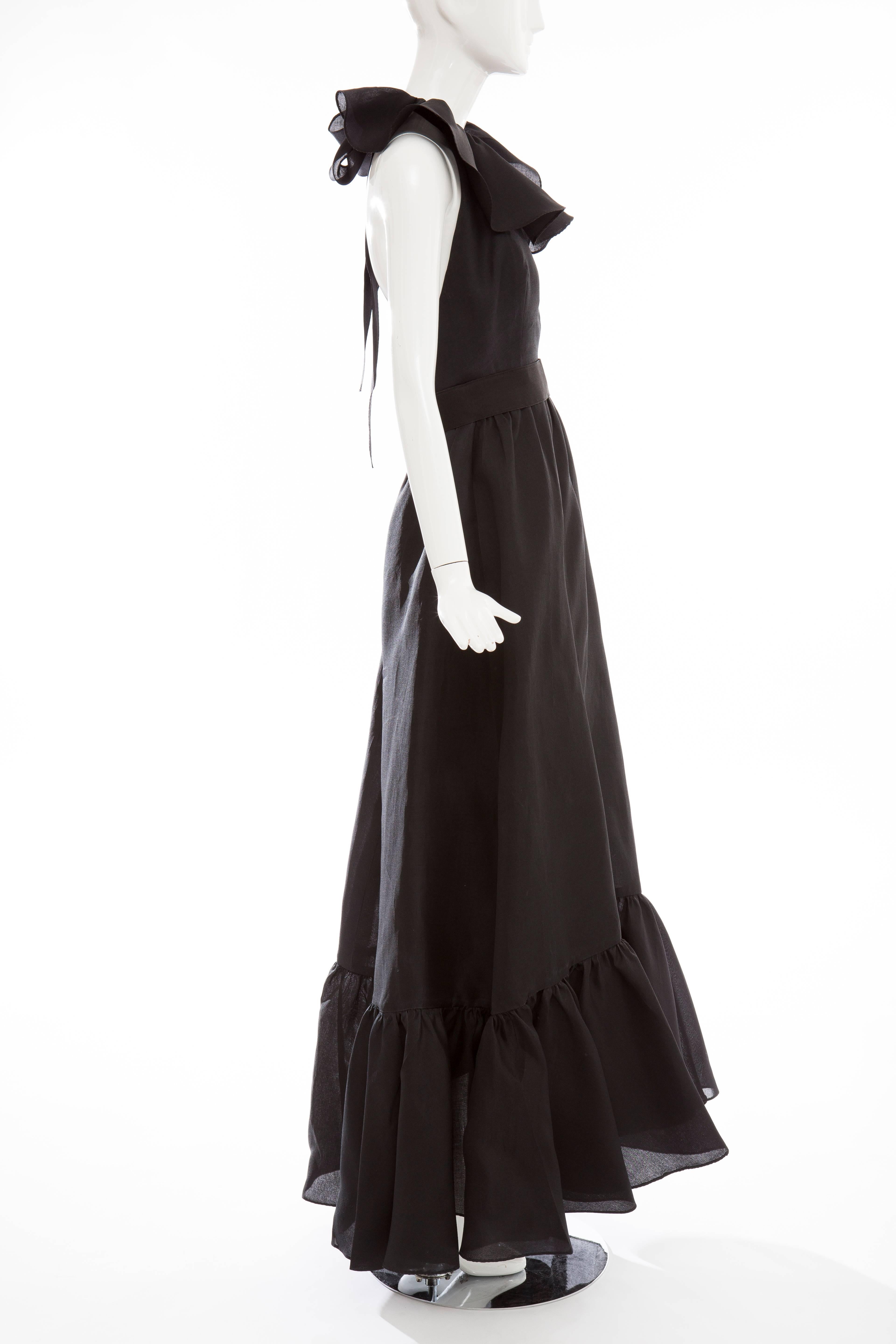 Nina Ricci Black Silk Gazar Evening Dress With Ruffled Halterneck, Circa 1970's In Excellent Condition In Cincinnati, OH