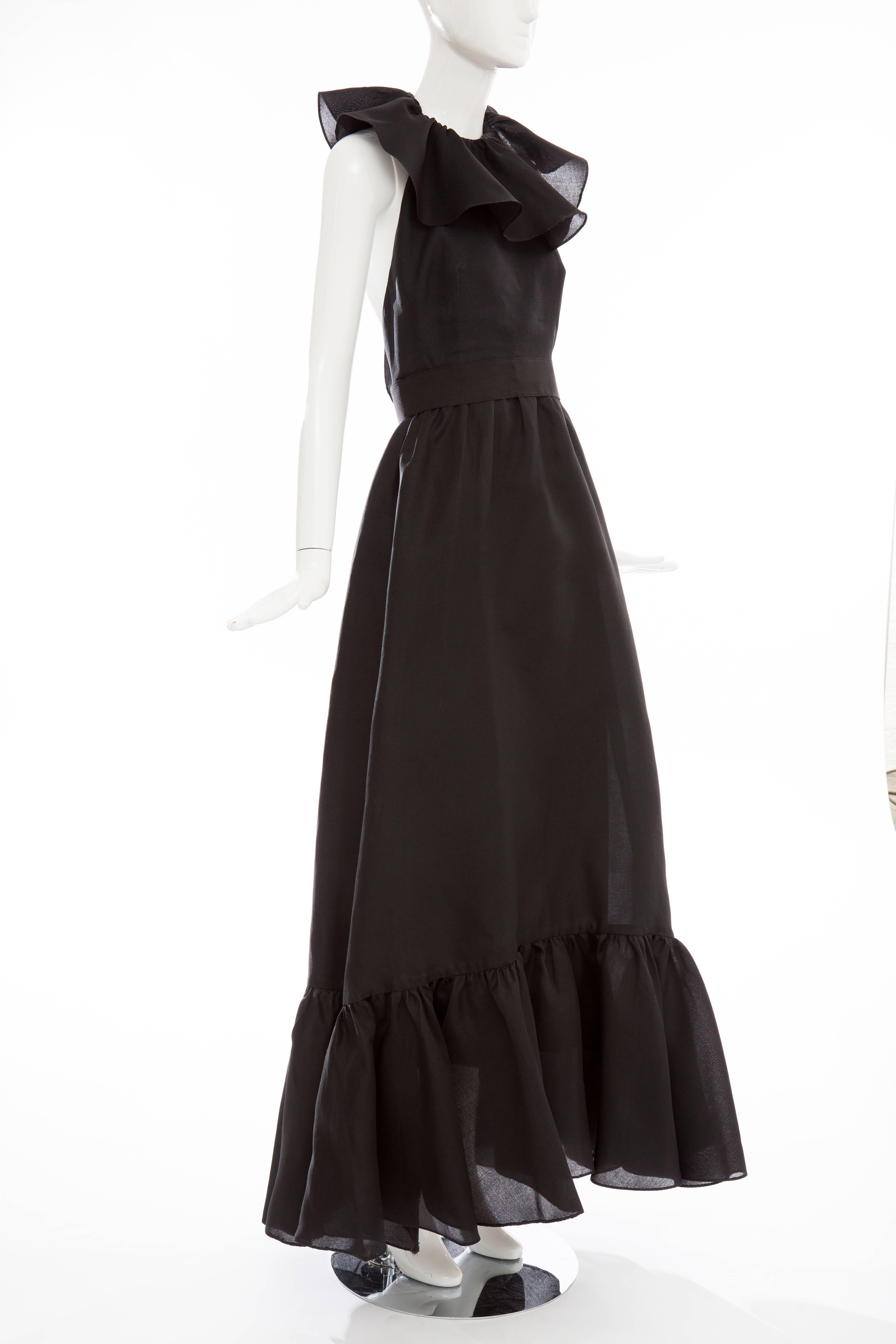 Nina Ricci Black Silk Gazar Evening Dress With Ruffled Halterneck, Circa 1970's 1