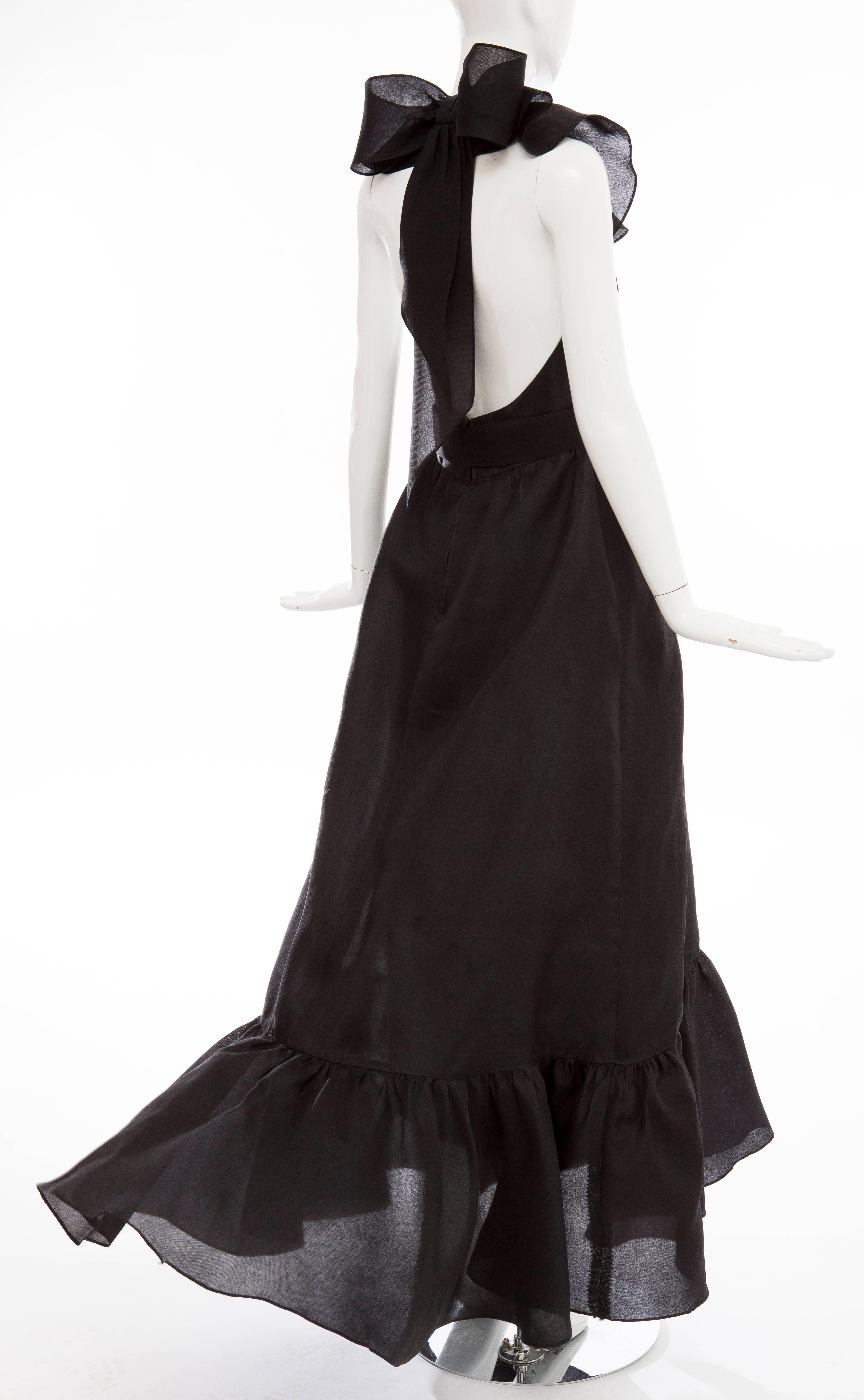 Nina Ricci Black Silk Gazar Evening Dress With Ruffled Halterneck, Circa 1970's 3