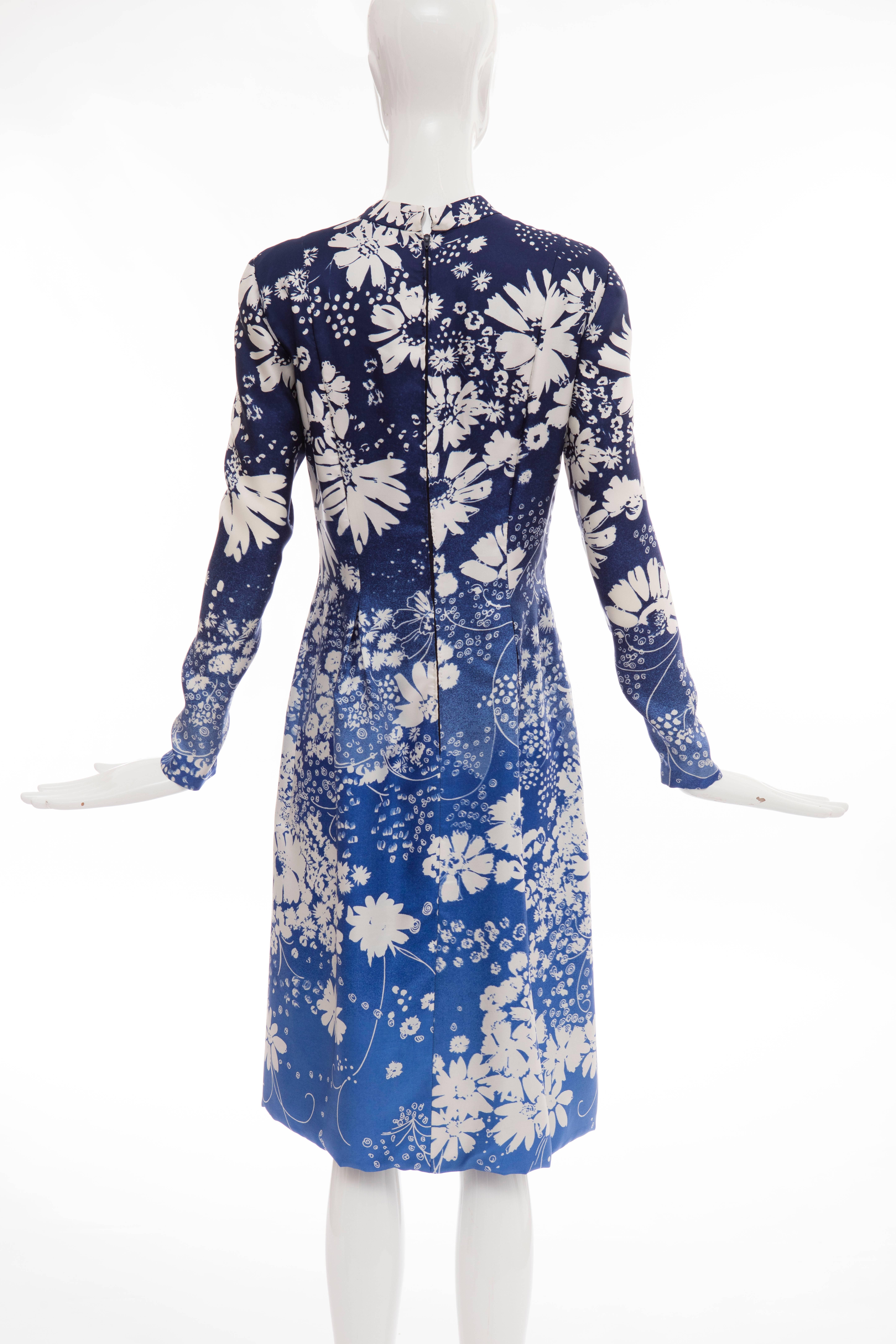 Women's Pauline Trigere Navy Blue Ombre Silk Floral Long Sleeve Dress, Circa 1980's
