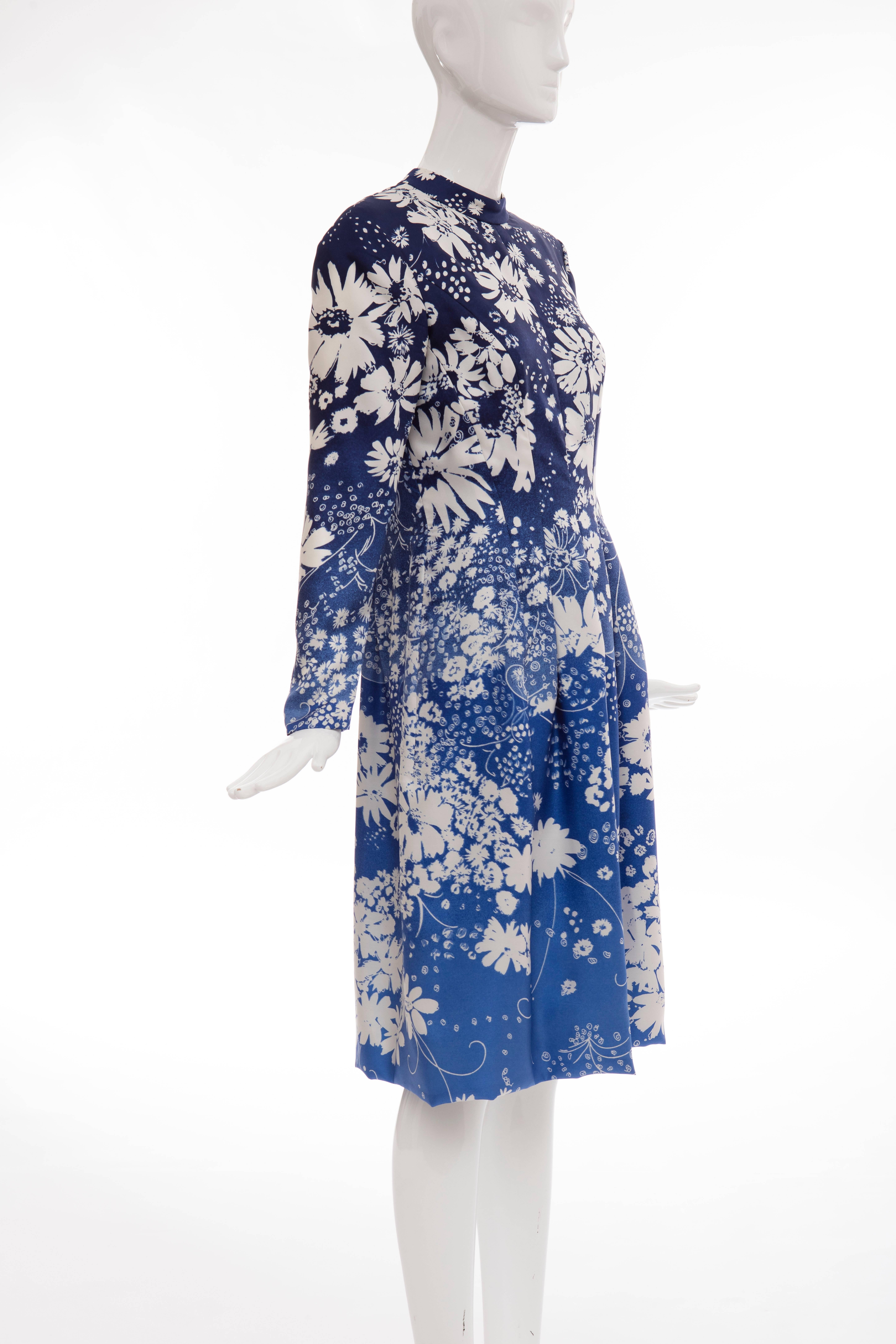 Pauline Trigere Navy Blue Ombre Silk Floral Long Sleeve Dress, Circa 1980's 1